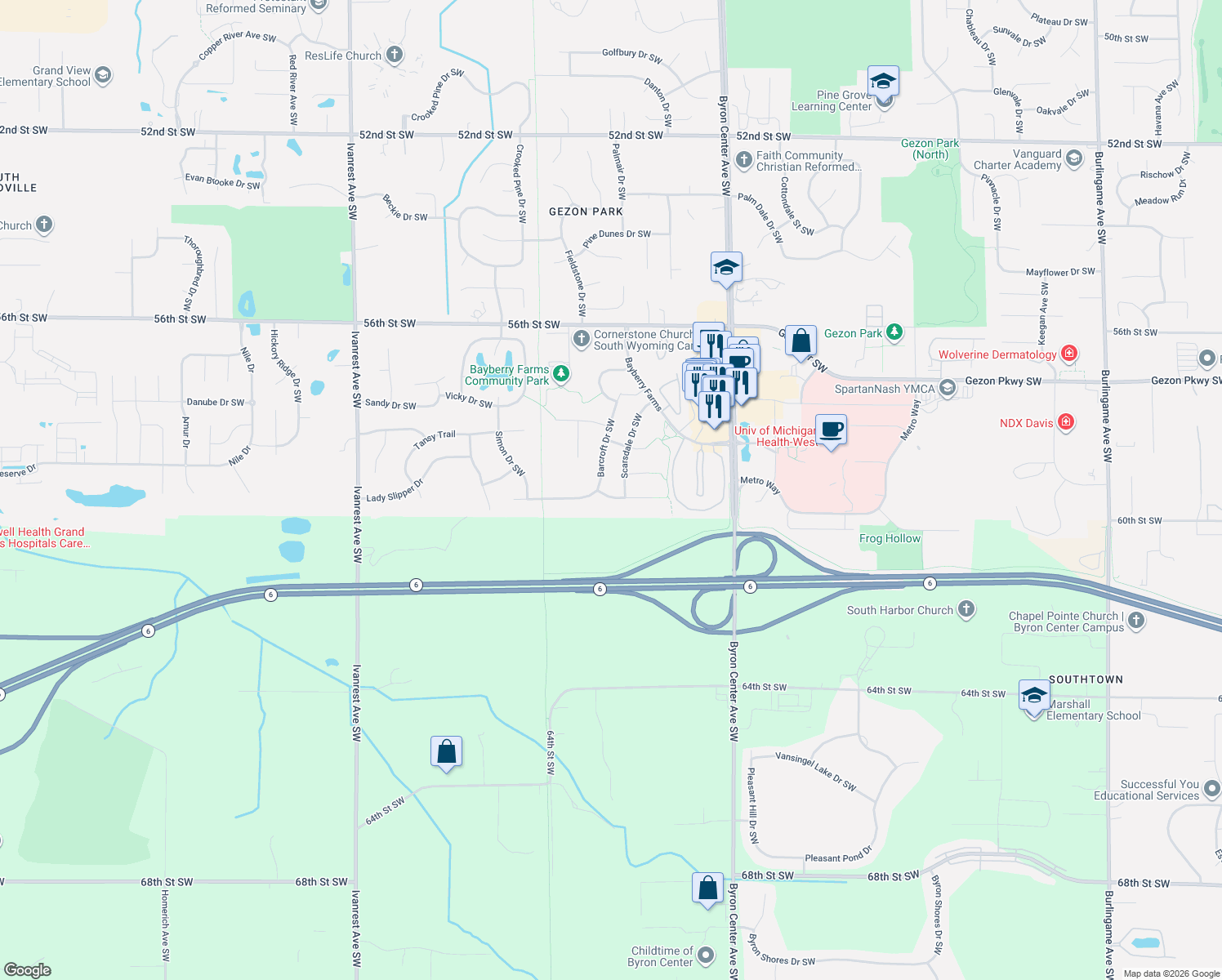 map of restaurants, bars, coffee shops, grocery stores, and more near 2651 Cotherstone Dr SW in Wyoming
