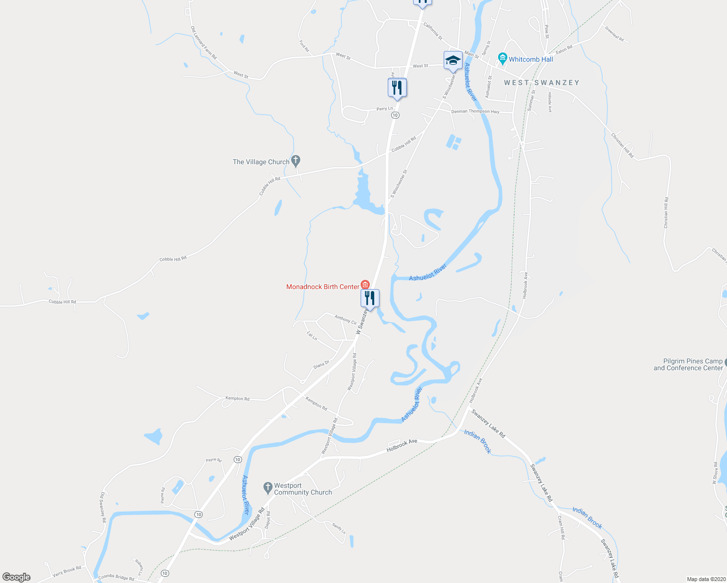 map of restaurants, bars, coffee shops, grocery stores, and more near 907 West Swanzey Road in Swanzey