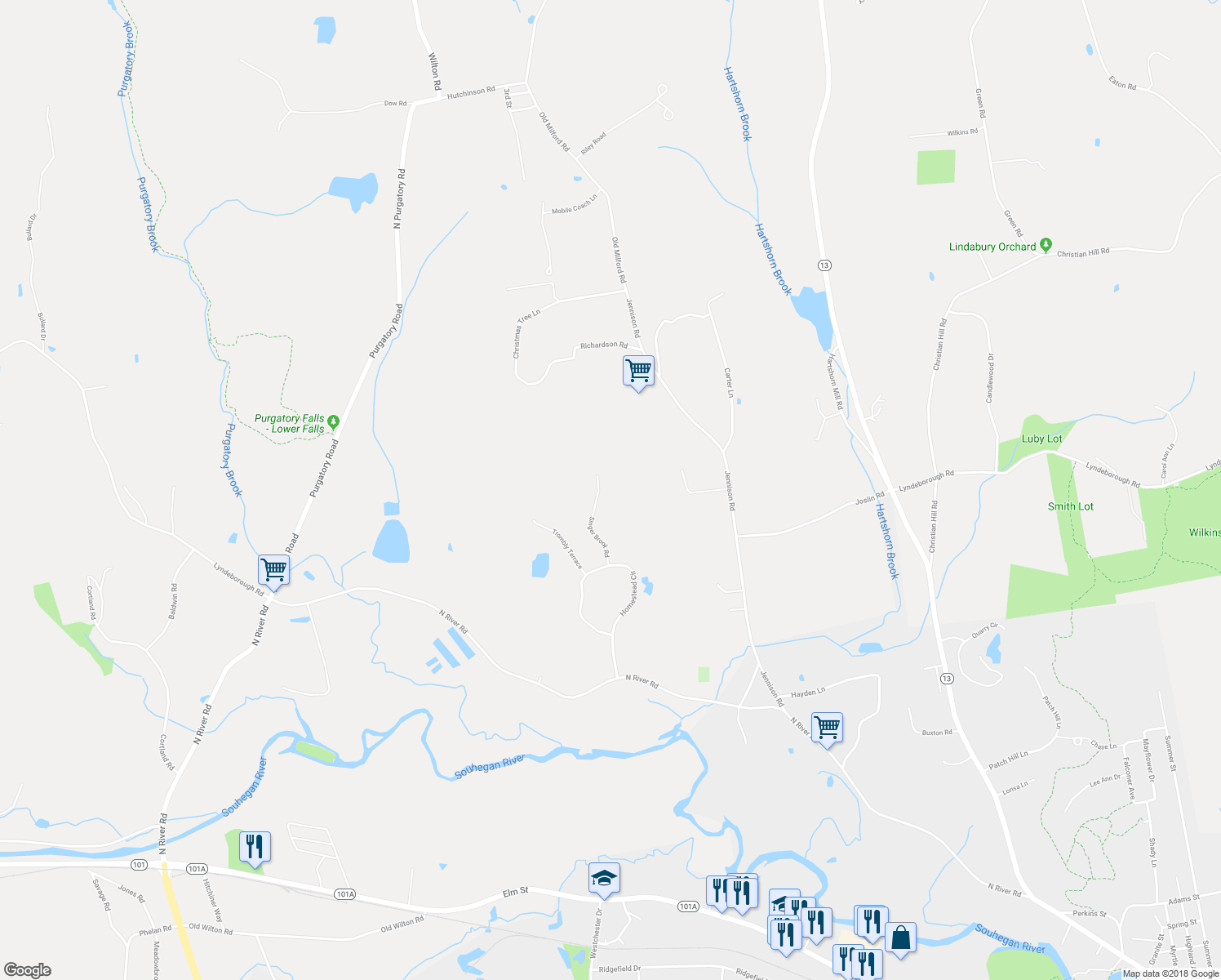 map of restaurants, bars, coffee shops, grocery stores, and more near 43 Singer Brook Road in Milford