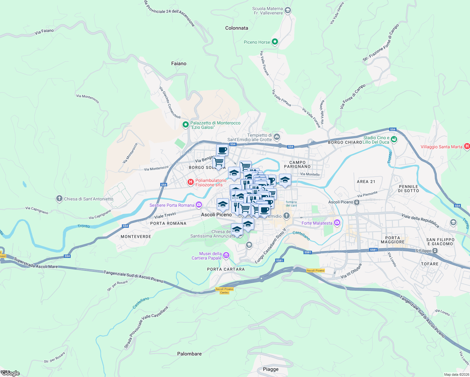 map of restaurants, bars, coffee shops, grocery stores, and more near 13 Via d'Apollo in Ascoli Piceno