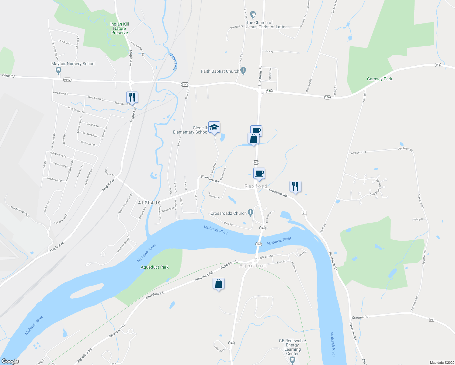 map of restaurants, bars, coffee shops, grocery stores, and more near 945 Riverview Road in Rexford