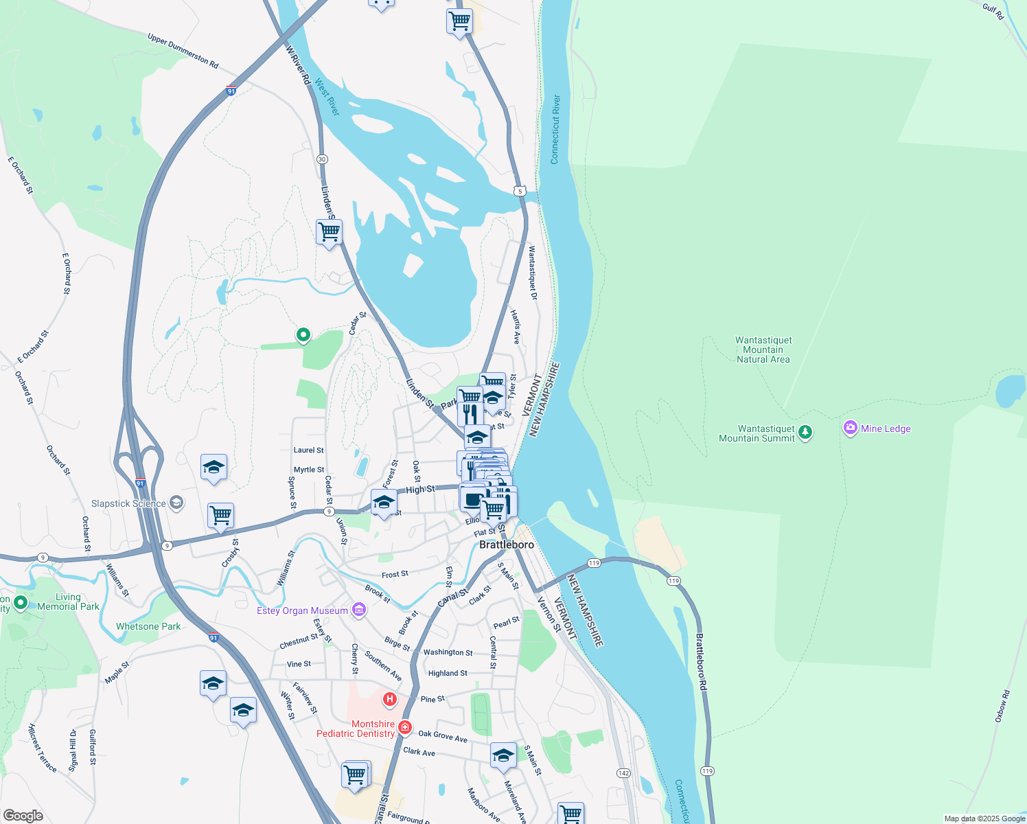 map of restaurants, bars, coffee shops, grocery stores, and more near 70 Terrace Street in Brattleboro