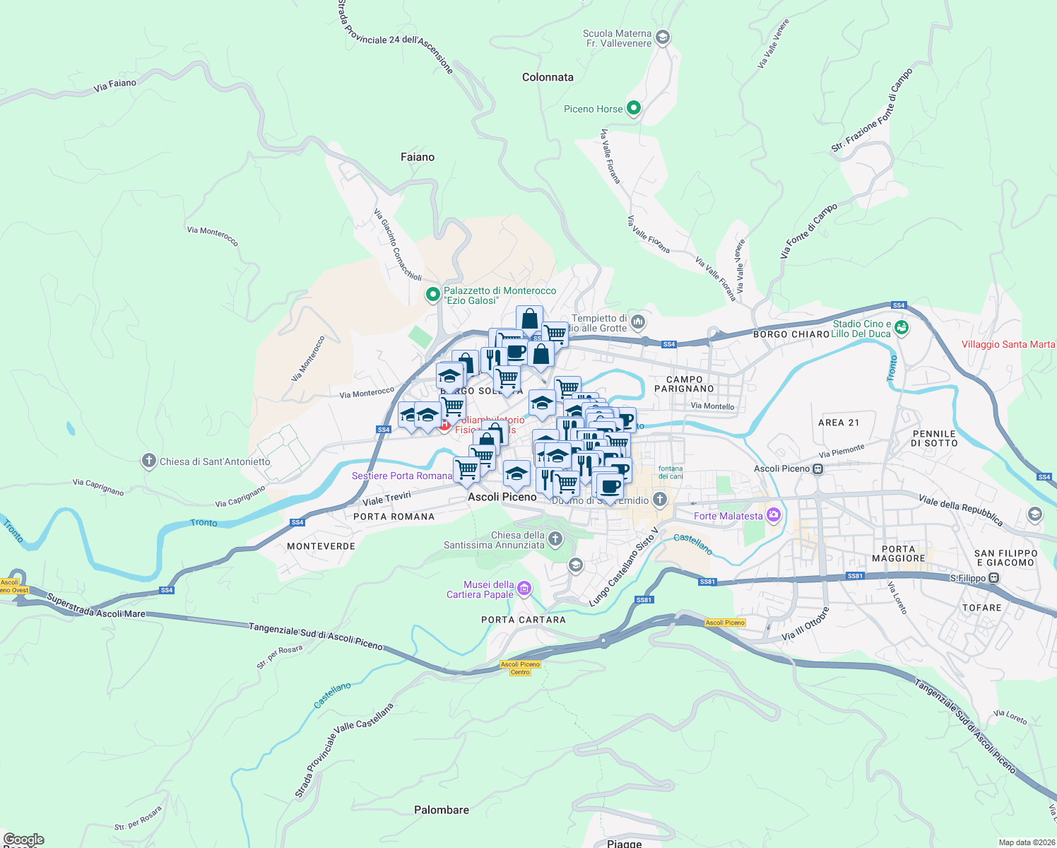 map of restaurants, bars, coffee shops, grocery stores, and more near 57 Via San Serafino da Montegranaro in Ascoli Piceno