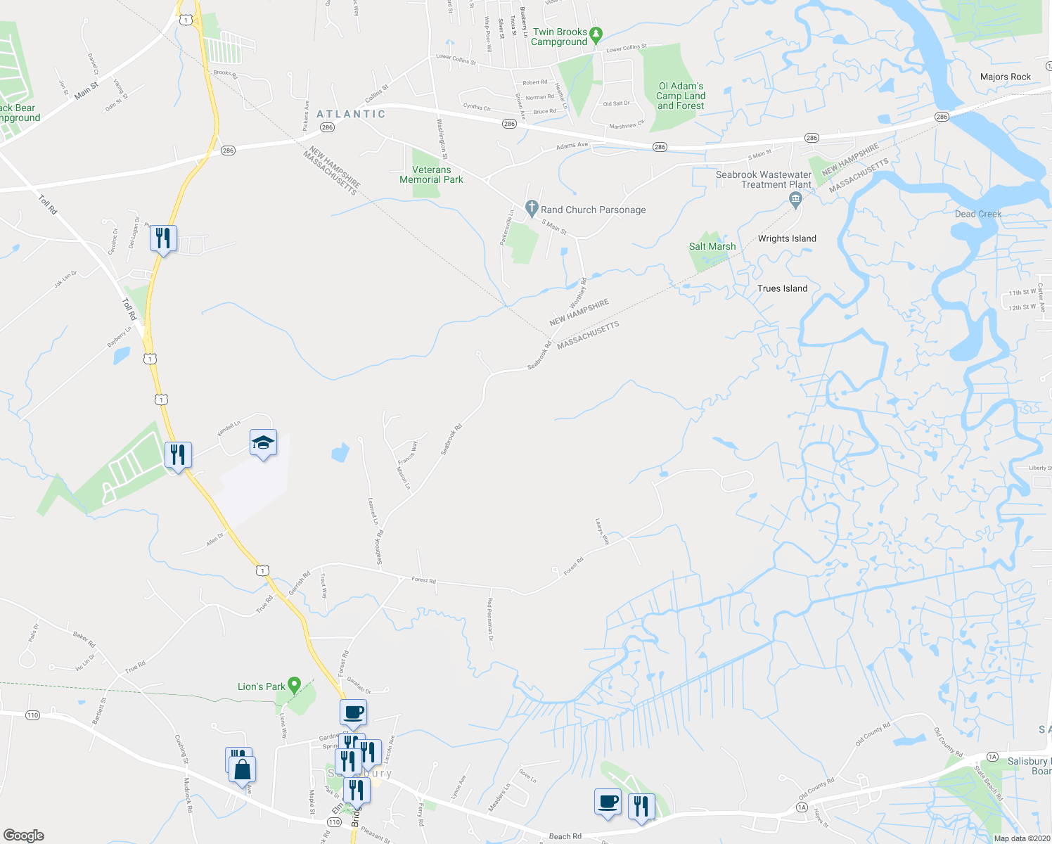 map of restaurants, bars, coffee shops, grocery stores, and more near 62 Seabrook Road in Salisbury