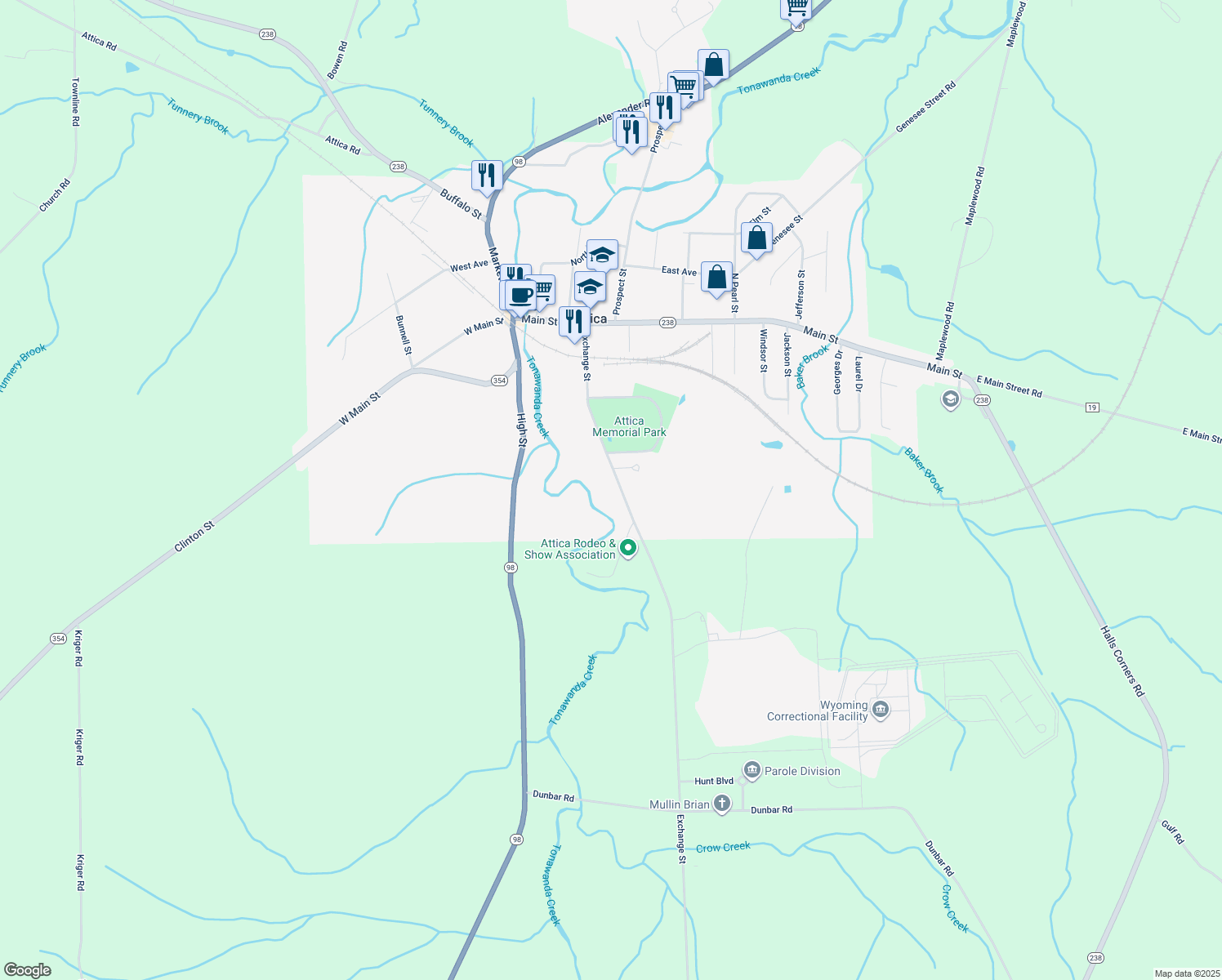 map of restaurants, bars, coffee shops, grocery stores, and more near 196 Exchange St in Attica