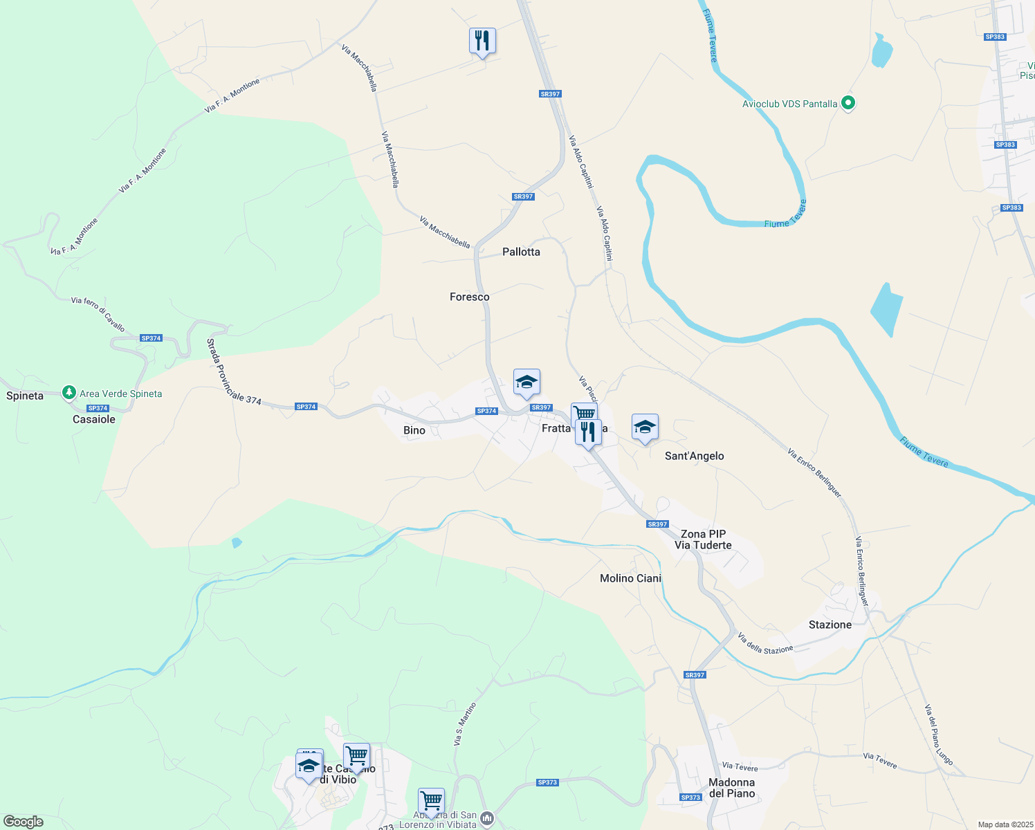 map of restaurants, bars, coffee shops, grocery stores, and more near Via Circonvallazione in Provincia di Perugia