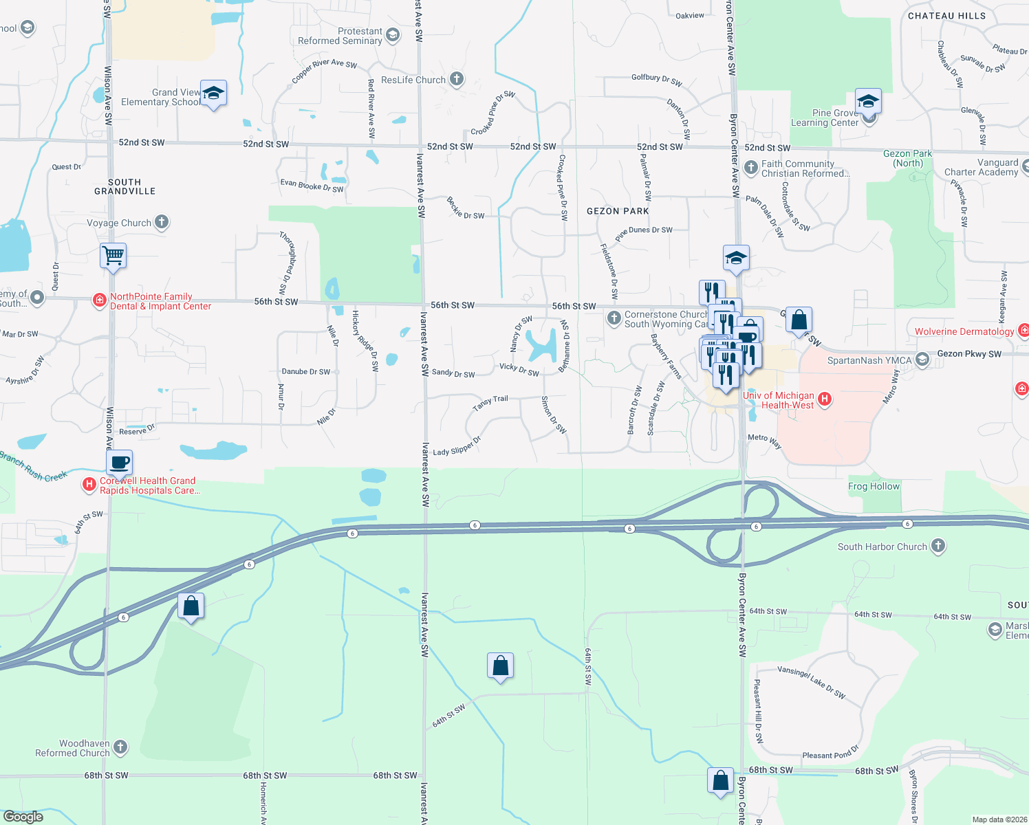 map of restaurants, bars, coffee shops, grocery stores, and more near 2983 Lady Slipper Drive in Wyoming