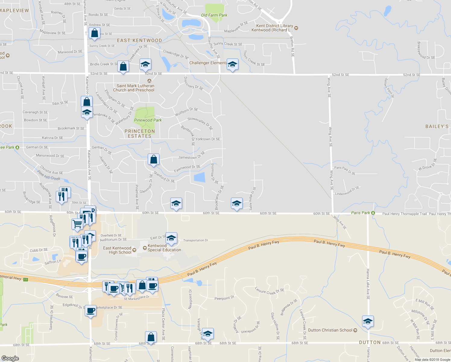 map of restaurants, bars, coffee shops, grocery stores, and more near 5820 Brookfarm Drive Southeast in Kentwood