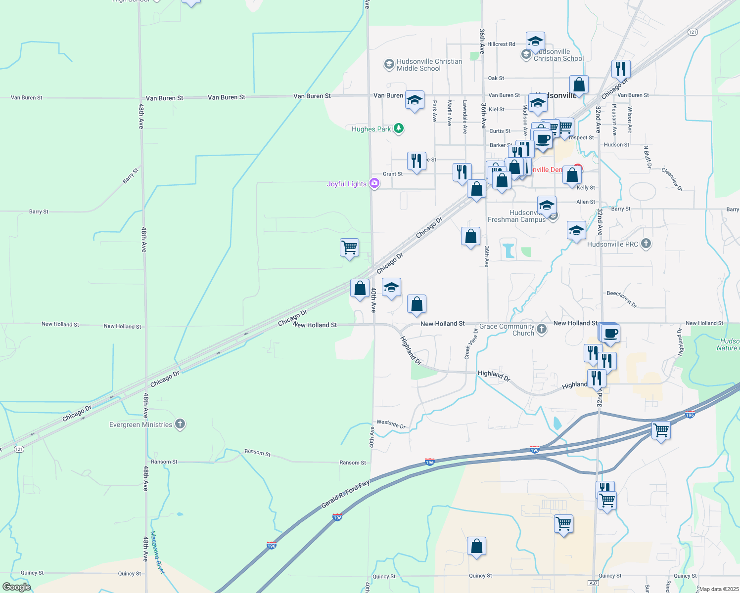 map of restaurants, bars, coffee shops, grocery stores, and more near 4901 40th Avenue in Hudsonville