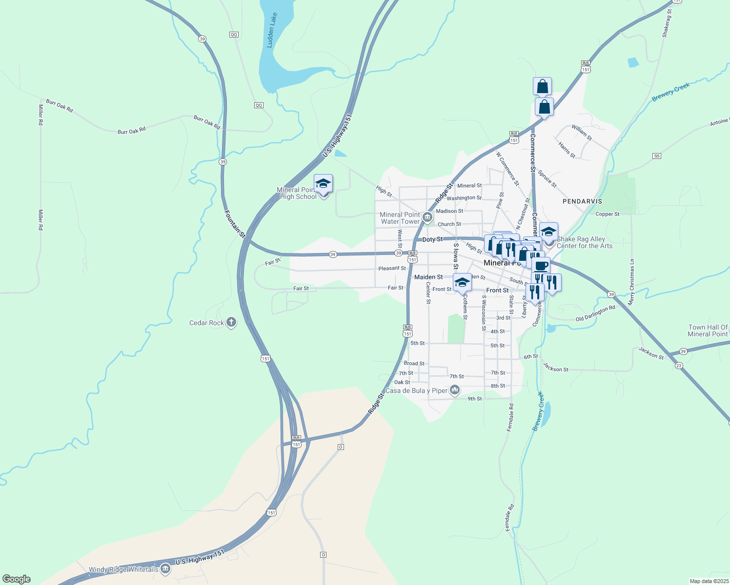 map of restaurants, bars, coffee shops, grocery stores, and more near 812 Fair St in Mineral Point