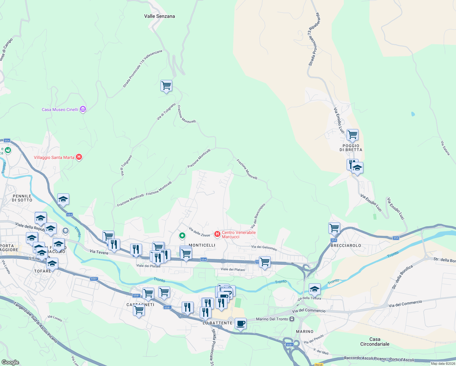 map of restaurants, bars, coffee shops, grocery stores, and more near 85 Via delle Genziane in Provincia di Ascoli Piceno