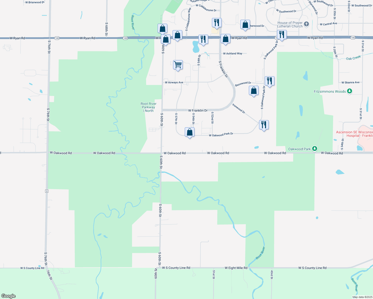 map of restaurants, bars, coffee shops, grocery stores, and more near 5550 West Oakwood Road in Franklin