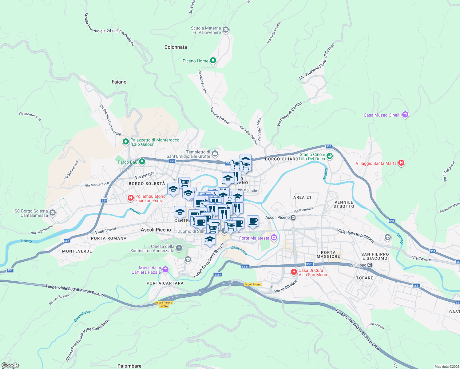 map of restaurants, bars, coffee shops, grocery stores, and more near Via Piave in Ascoli Piceno