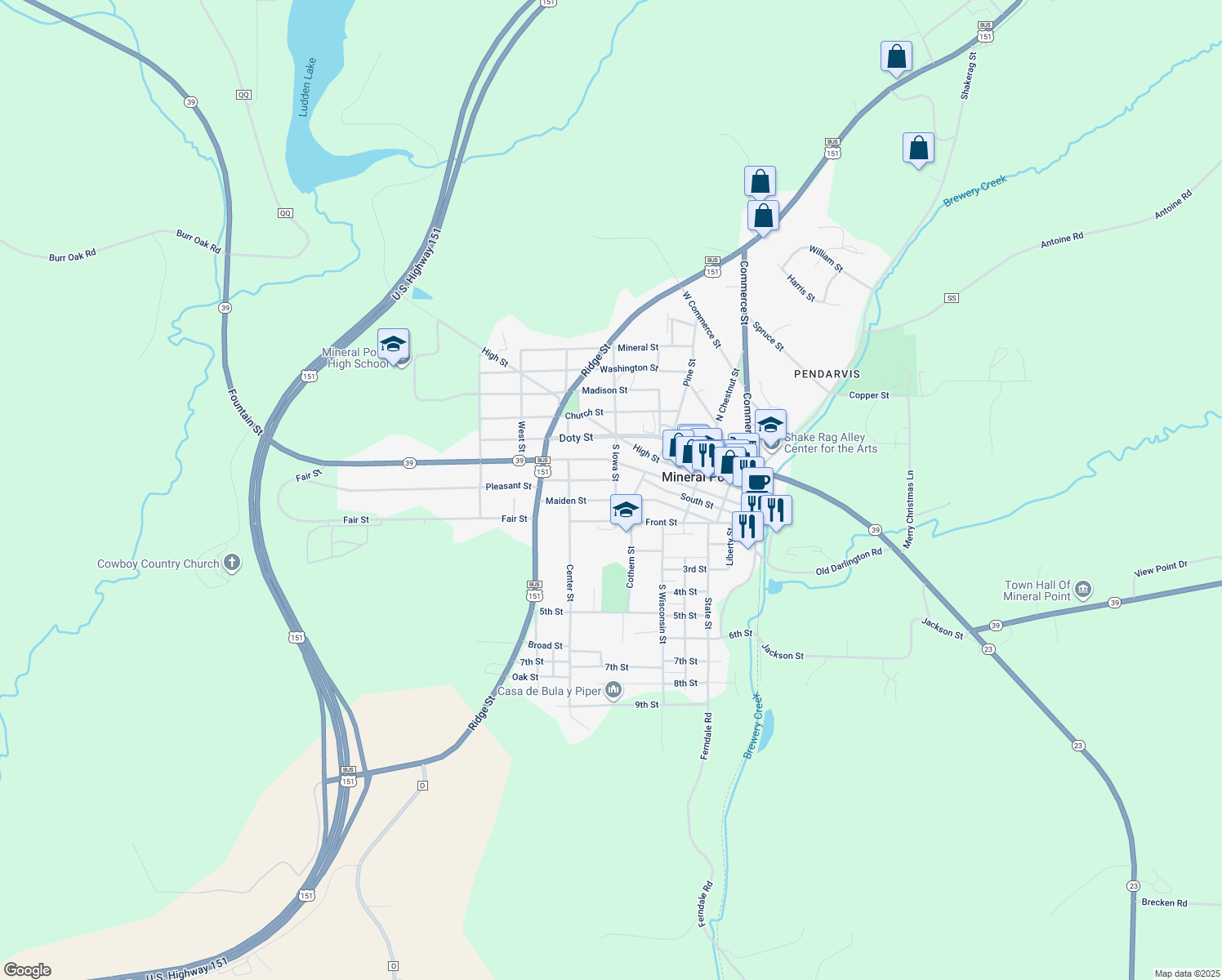 map of restaurants, bars, coffee shops, grocery stores, and more near 307 S Iowa St in Mineral Point