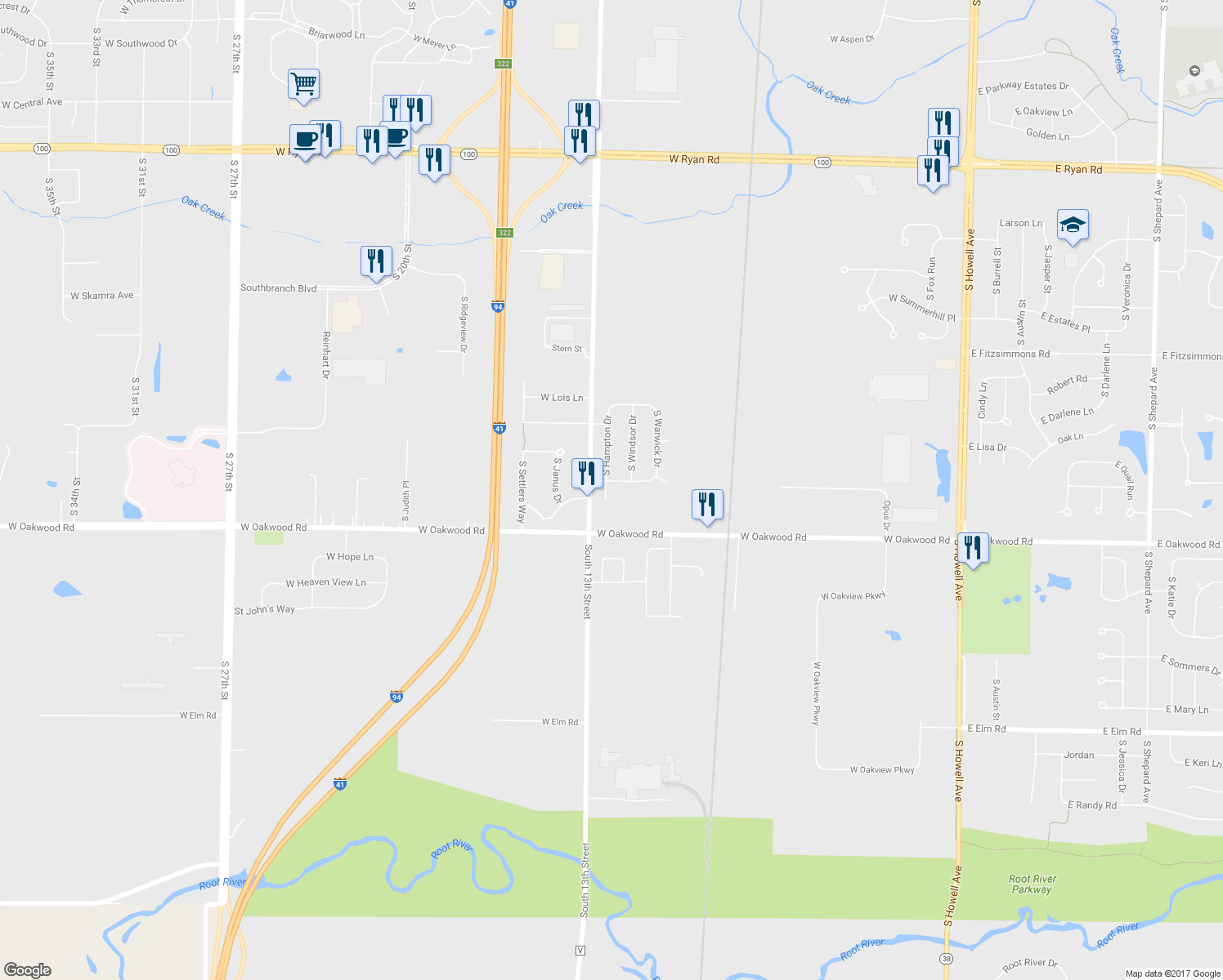map of restaurants, bars, coffee shops, grocery stores, and more near 1201 West Buckingham Drive in Oak Creek