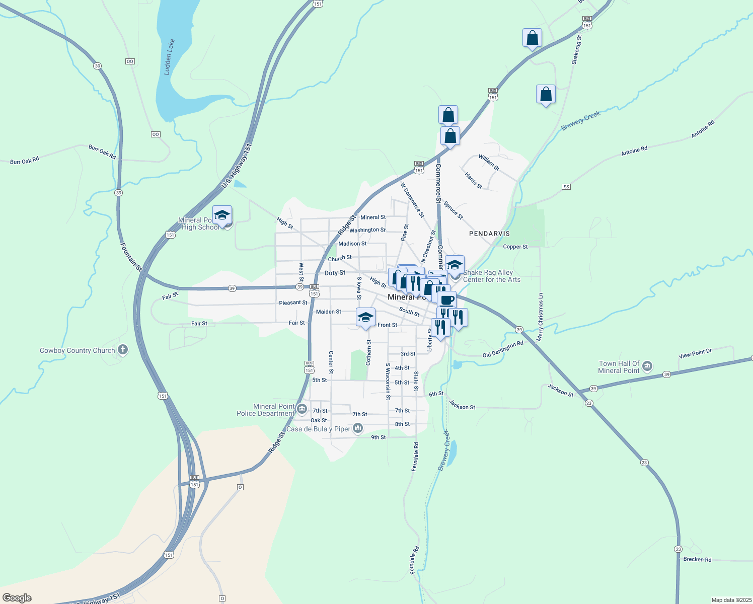 map of restaurants, bars, coffee shops, grocery stores, and more near 248 Meeker St in Mineral Point