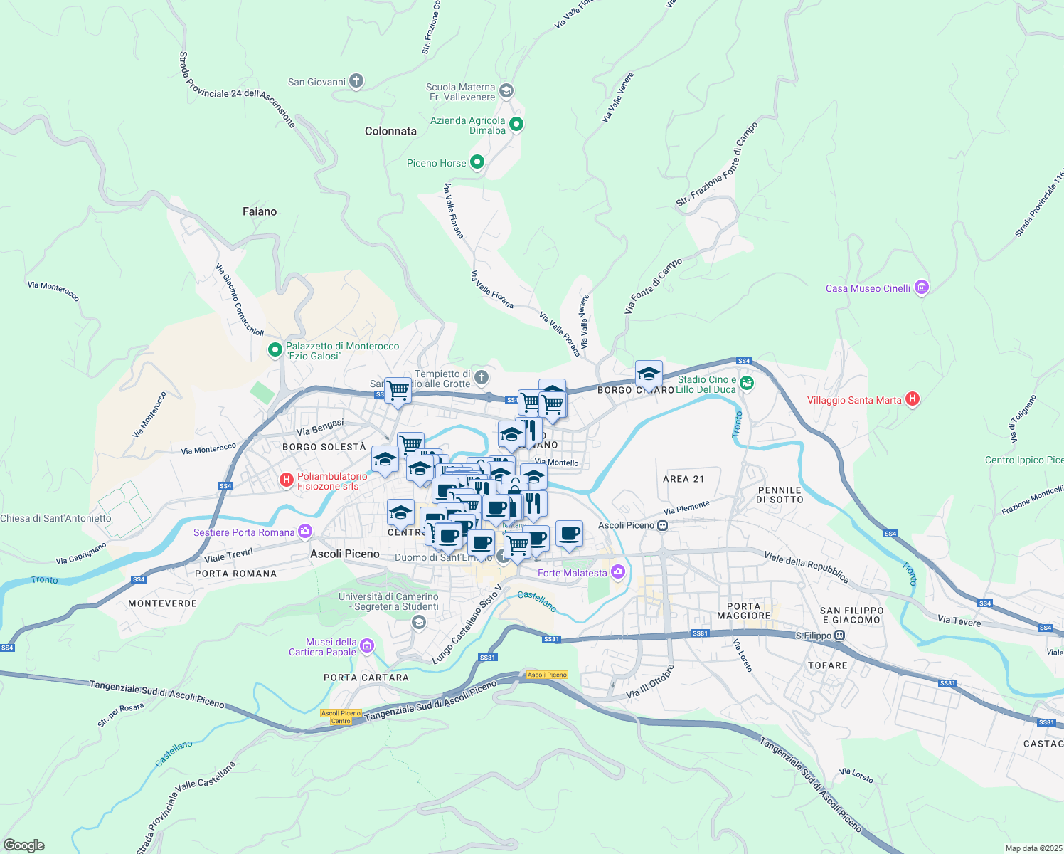 map of restaurants, bars, coffee shops, grocery stores, and more near 91 Viale Marcello Federici in Ascoli Piceno