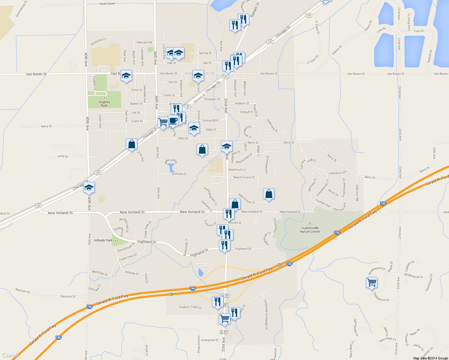 map of restaurants, bars, coffee shops, grocery stores, and more near 5005 32nd Avenue in Hudsonville