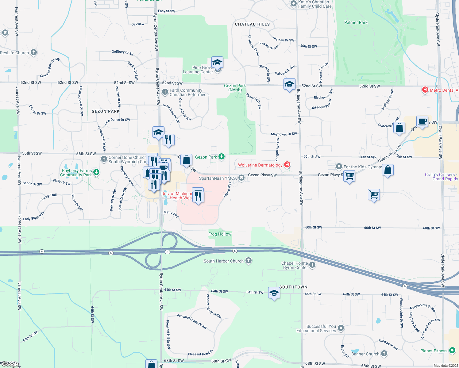 map of restaurants, bars, coffee shops, grocery stores, and more near Metro Way & Health Dr SW in Wyoming