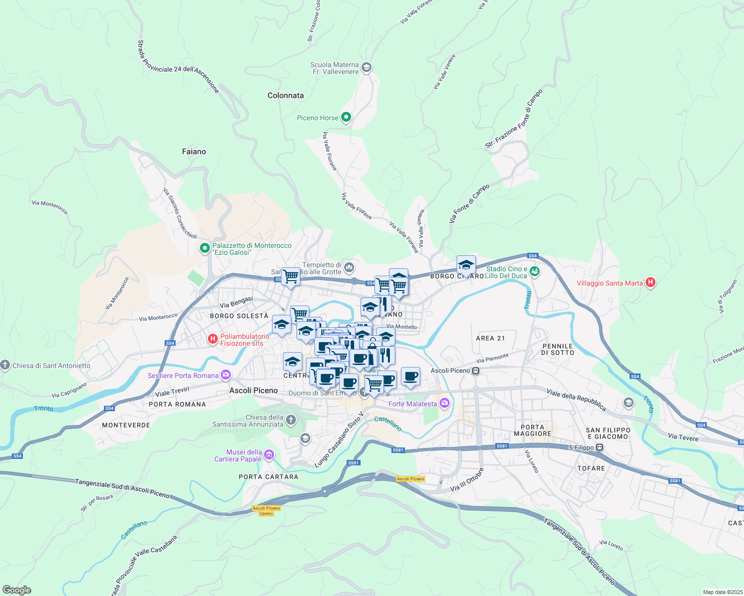 map of restaurants, bars, coffee shops, grocery stores, and more near 91 Viale Marcello Federici in Ascoli Piceno