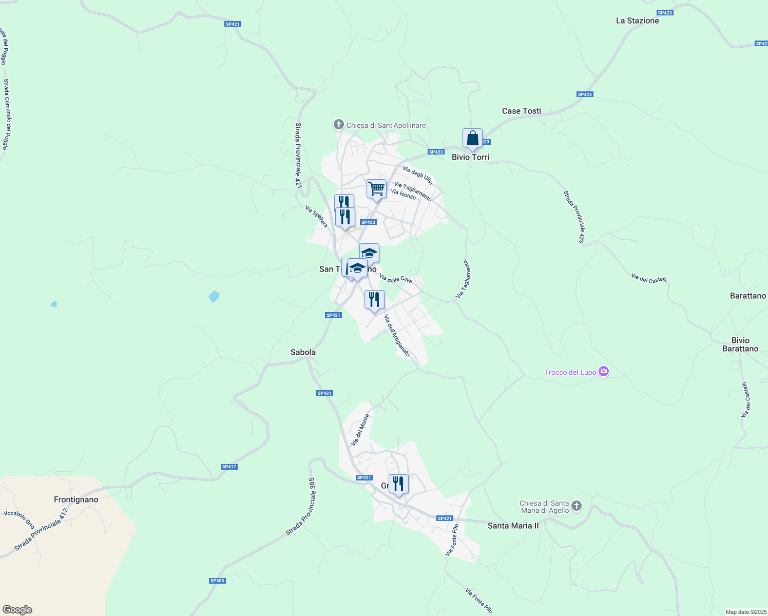 map of restaurants, bars, coffee shops, grocery stores, and more near 6 Via del Laghetto in San Terenziano