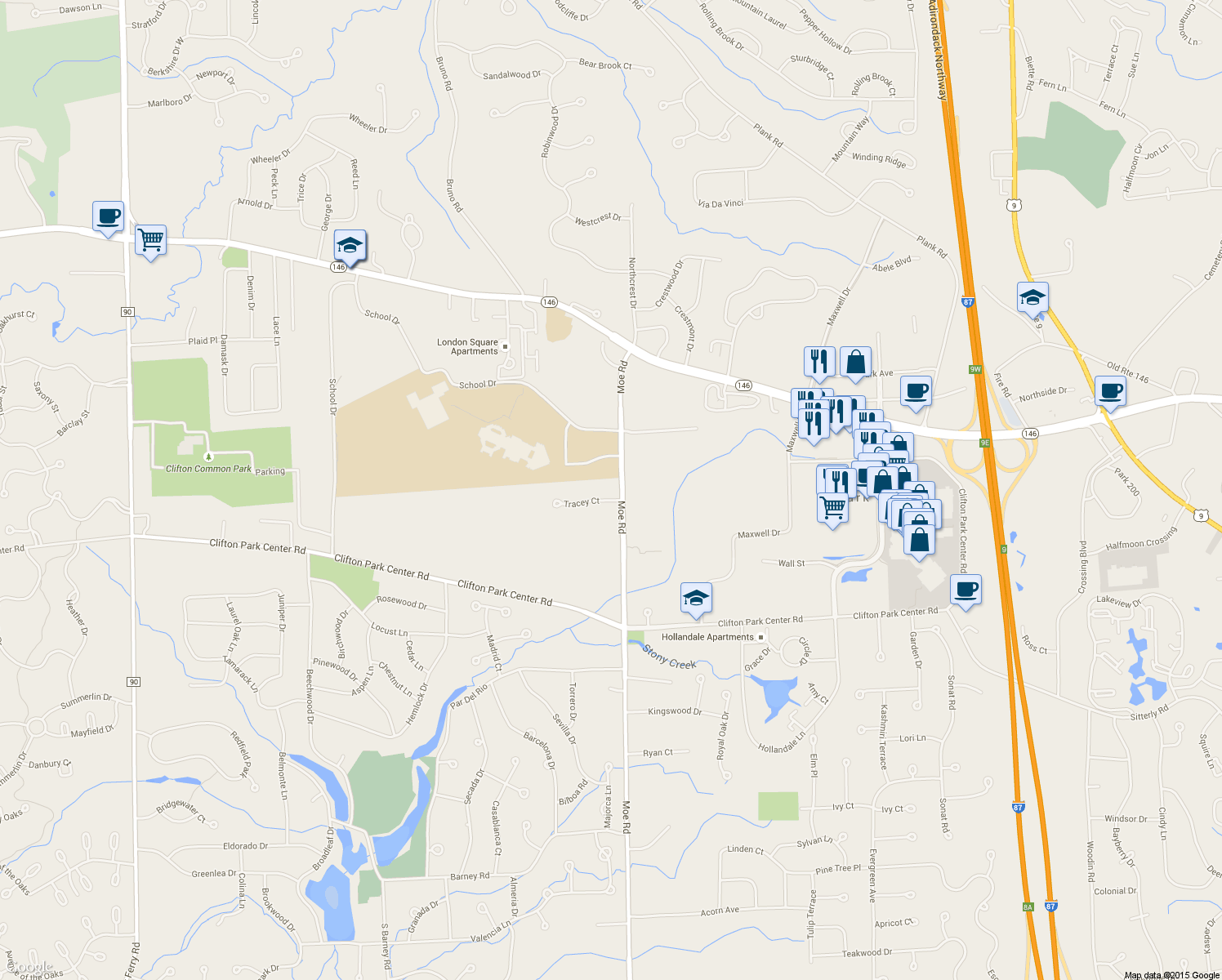 map of restaurants, bars, coffee shops, grocery stores, and more near 492 Moe Road in Saratoga County