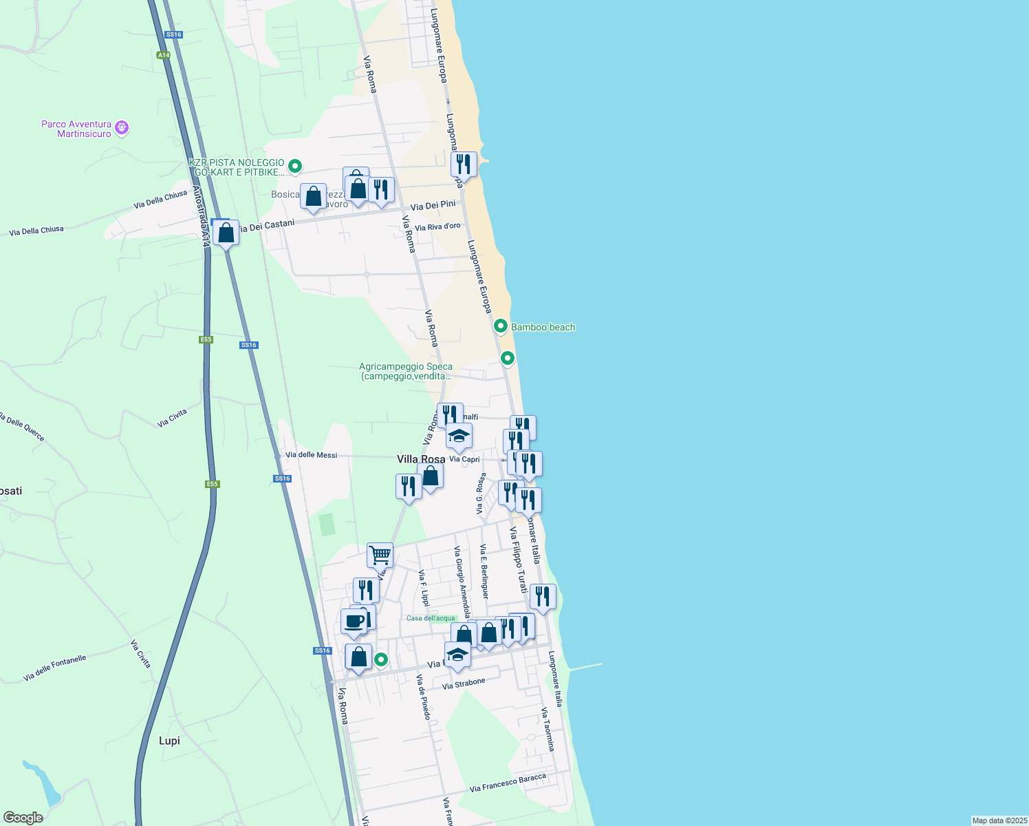 map of restaurants, bars, coffee shops, grocery stores, and more near 308 Lungomare Europa in Villa Rosa
