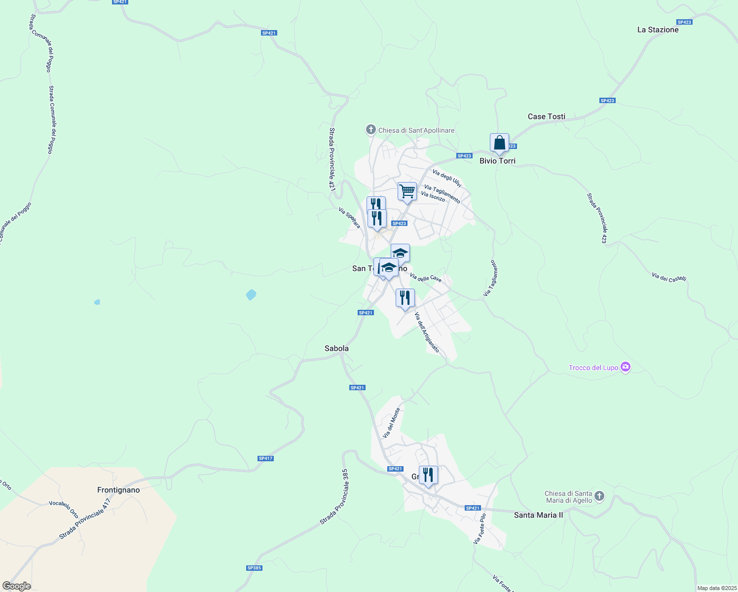 map of restaurants, bars, coffee shops, grocery stores, and more near 12 Via Belvedere in San Terenziano