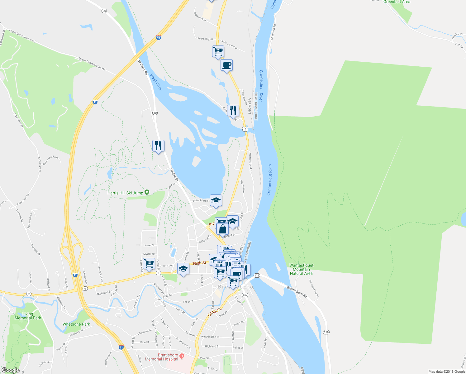 map of restaurants, bars, coffee shops, grocery stores, and more near 202 Putney Road in Brattleboro