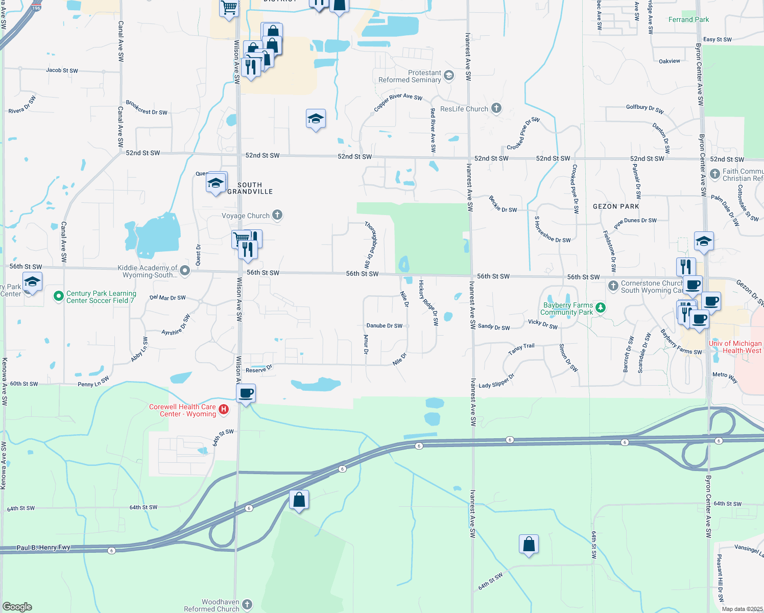 map of restaurants, bars, coffee shops, grocery stores, and more near 5714 Rhine Ct SW in Wyoming