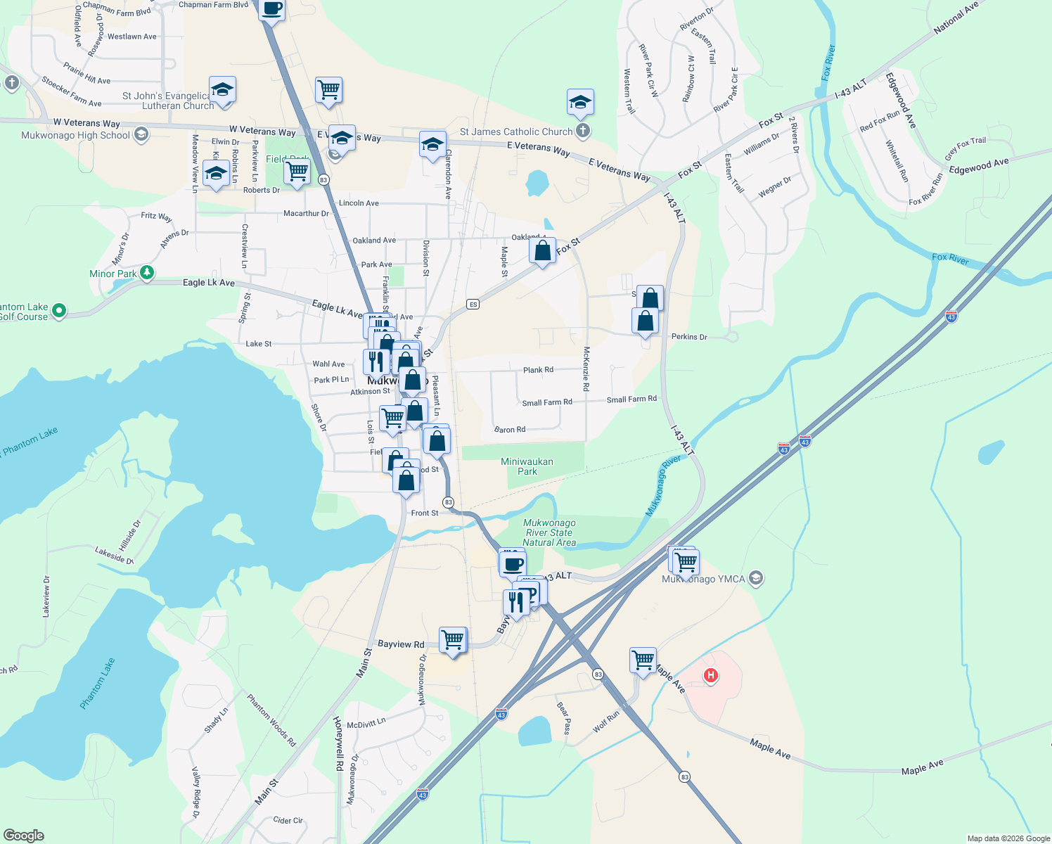 map of restaurants, bars, coffee shops, grocery stores, and more near 526 Baron Road in Mukwonago