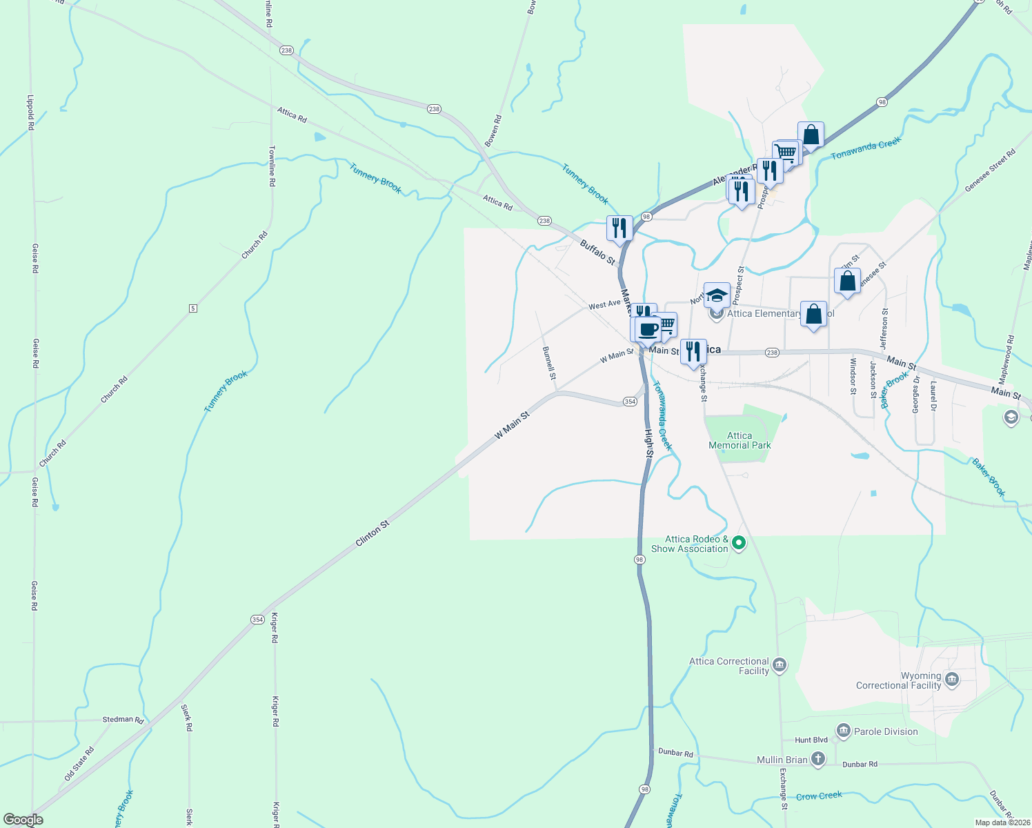 map of restaurants, bars, coffee shops, grocery stores, and more near 134 W Main St in Attica