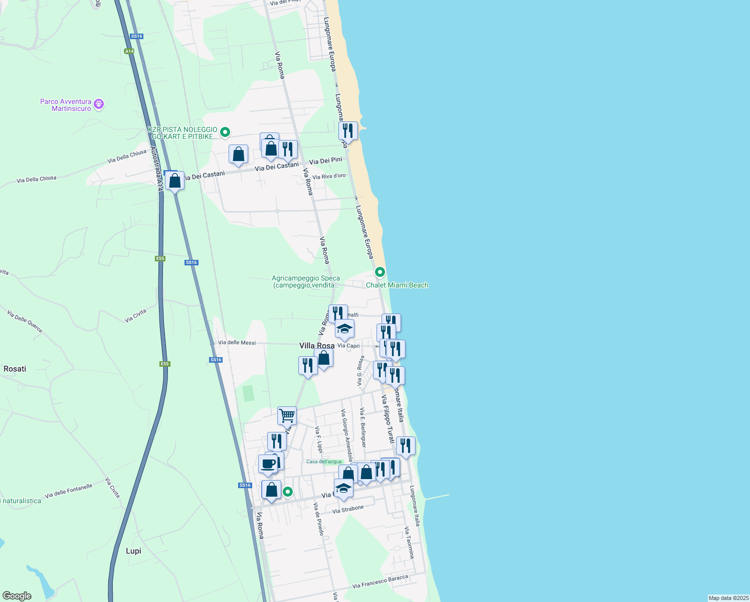 map of restaurants, bars, coffee shops, grocery stores, and more near 308 Lungomare Europa in Villa Rosa