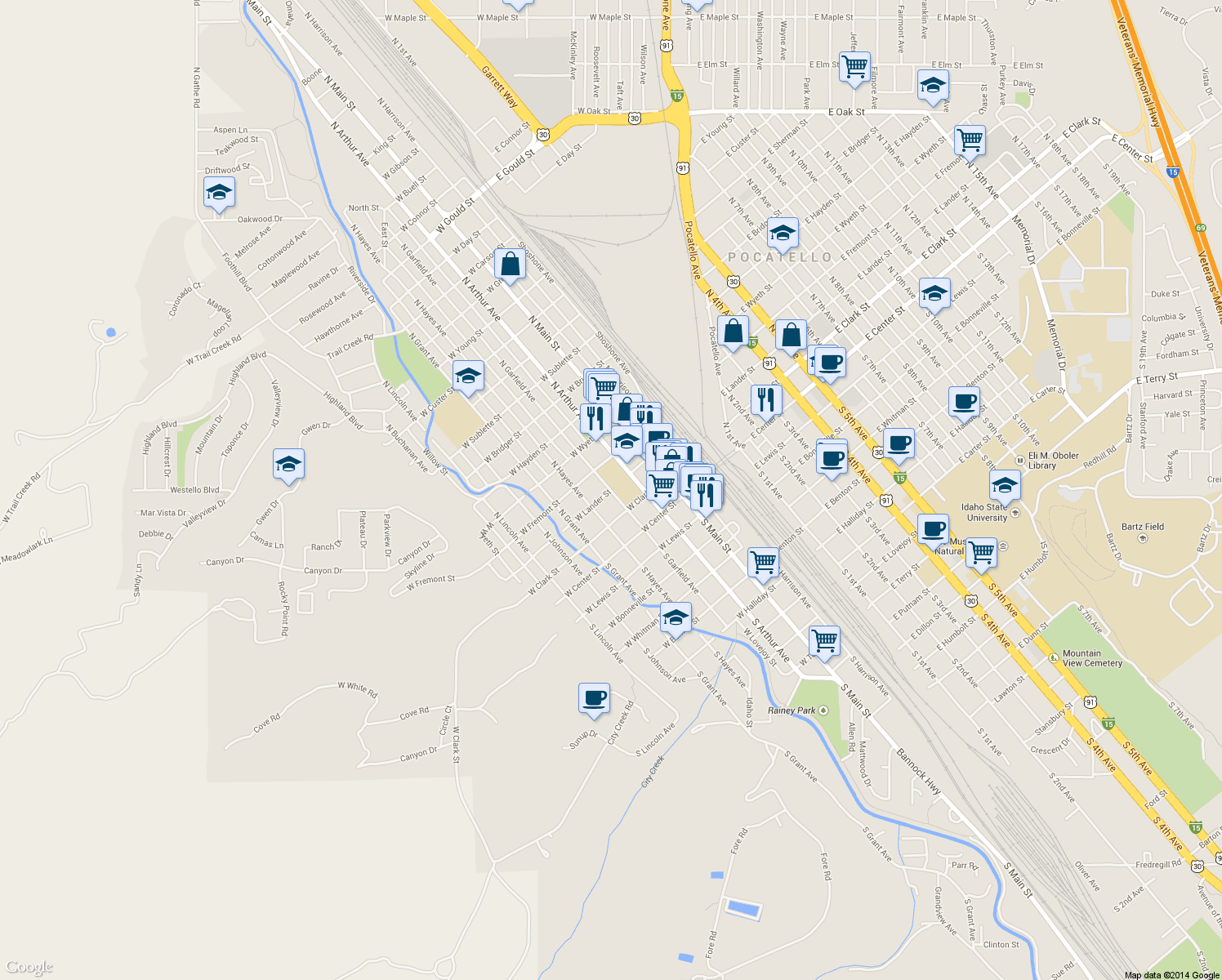 map of restaurants, bars, coffee shops, grocery stores, and more near 499 West Lander Street in Pocatello