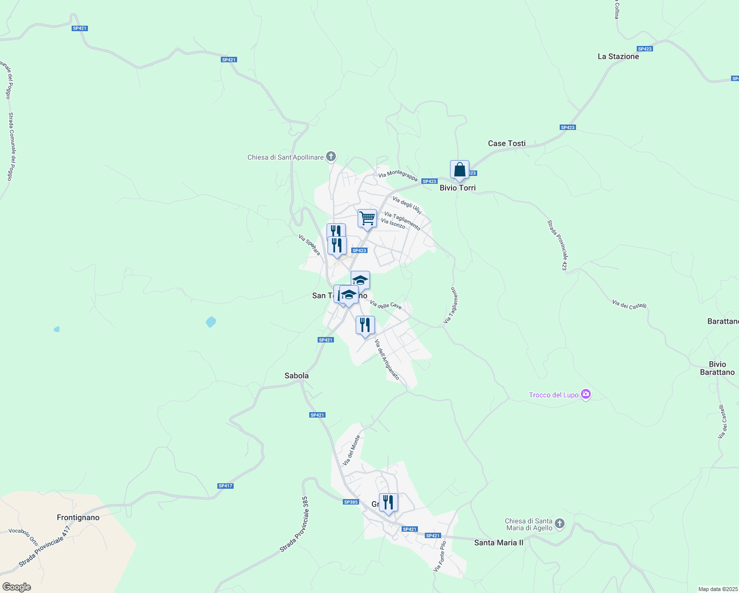 map of restaurants, bars, coffee shops, grocery stores, and more near 11b Via delle Cave in San Terenziano