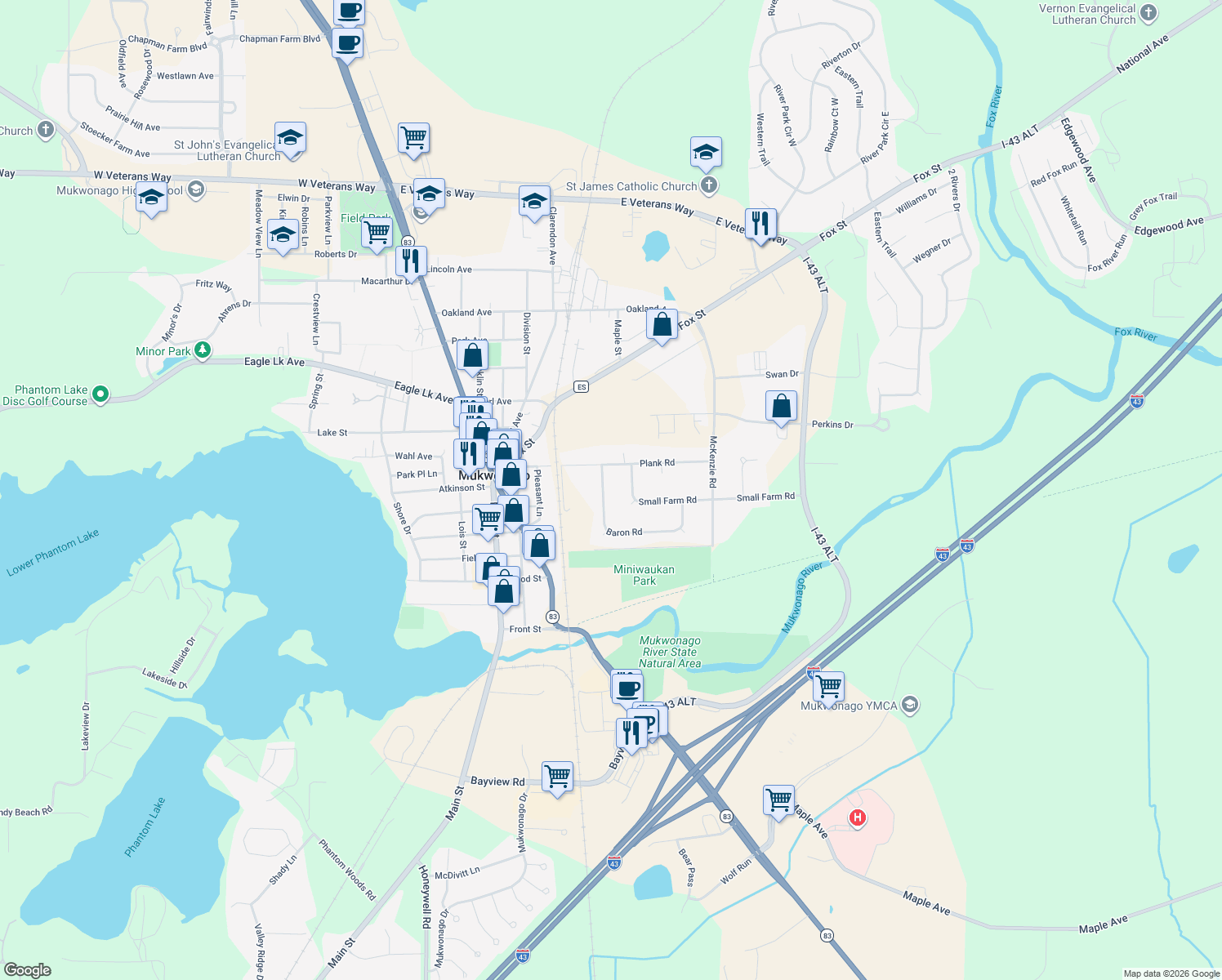 map of restaurants, bars, coffee shops, grocery stores, and more near 120 Baron Road in Mukwonago