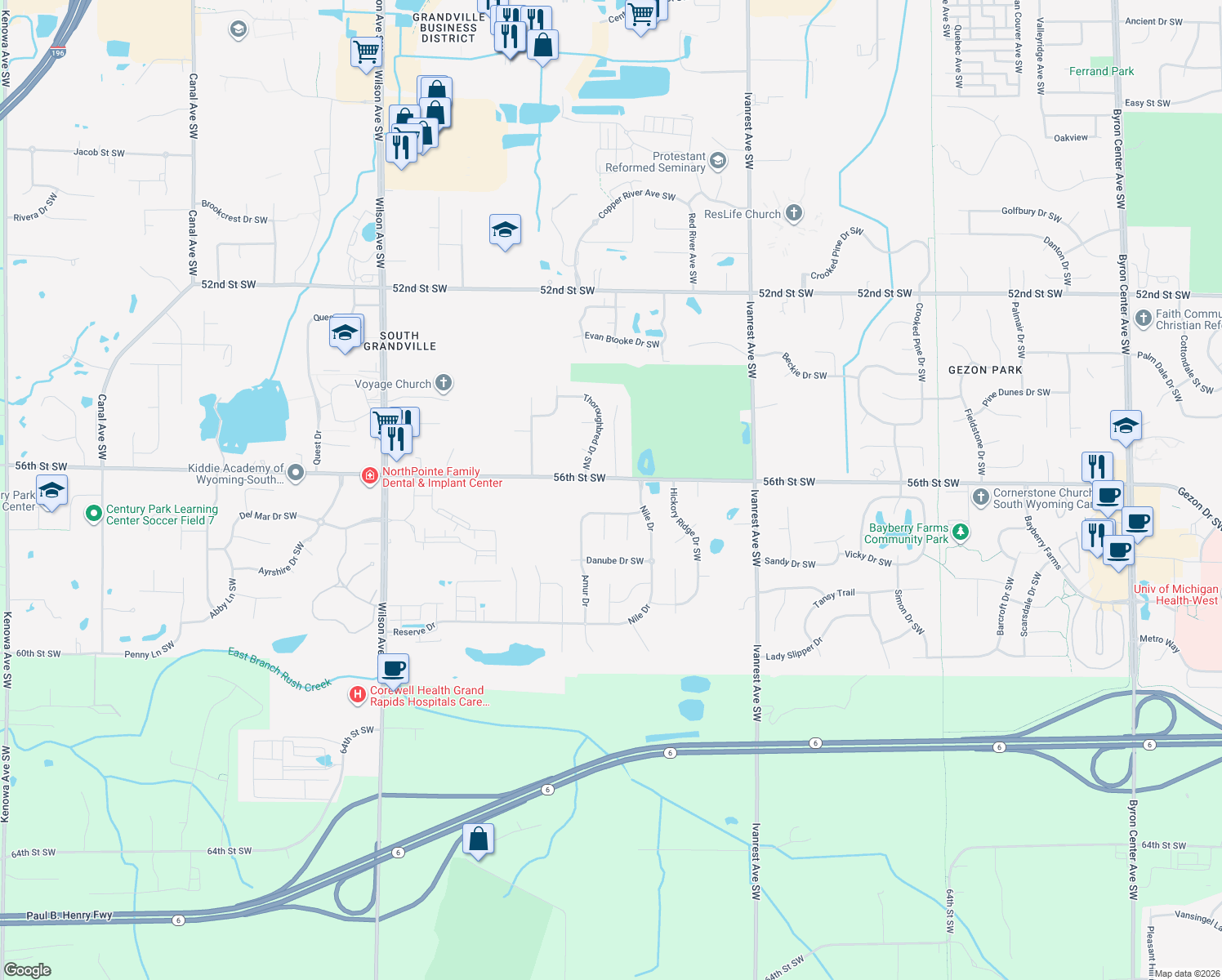 map of restaurants, bars, coffee shops, grocery stores, and more near 3512 56th St SW in Wyoming