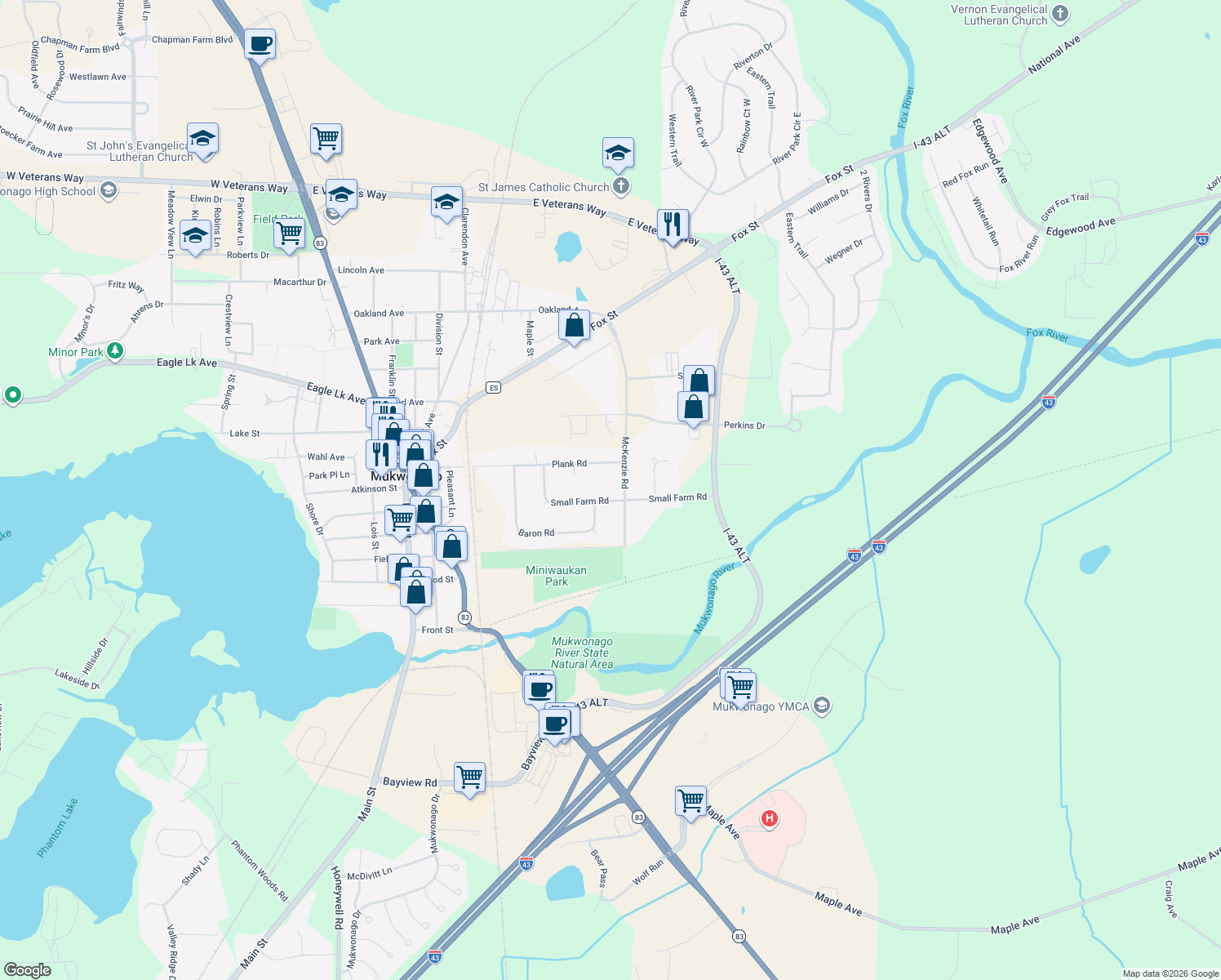 map of restaurants, bars, coffee shops, grocery stores, and more near 632 Small Farm Road in Mukwonago