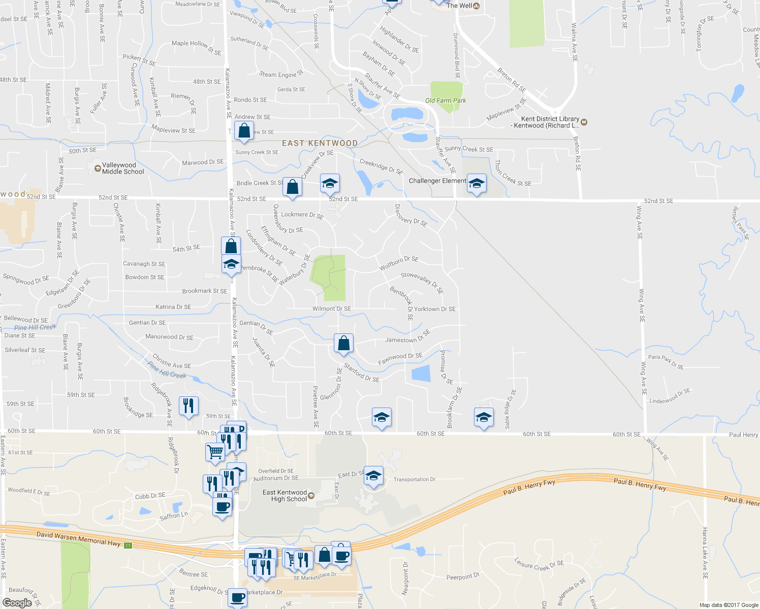 map of restaurants, bars, coffee shops, grocery stores, and more near 2107 Wilmont Drive Southeast in Kentwood