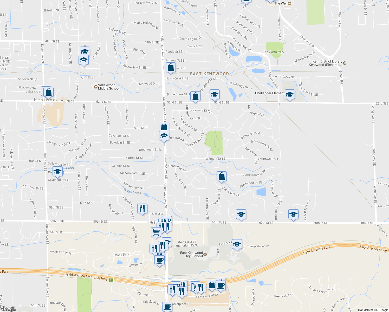 map of restaurants, bars, coffee shops, grocery stores, and more near 1840 Pembroke Street Southeast in Kentwood