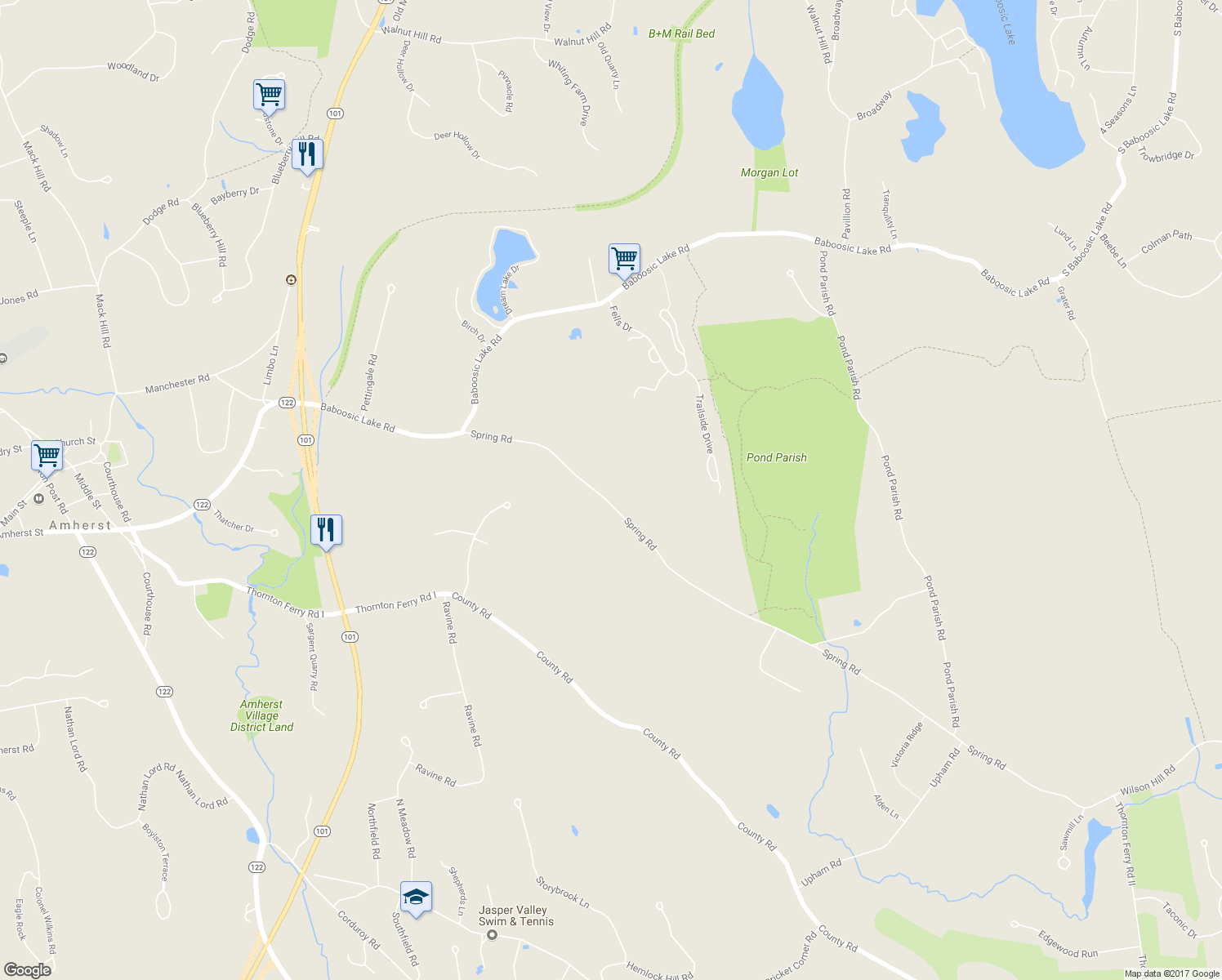 map of restaurants, bars, coffee shops, grocery stores, and more near 28 Spring Road in Amherst