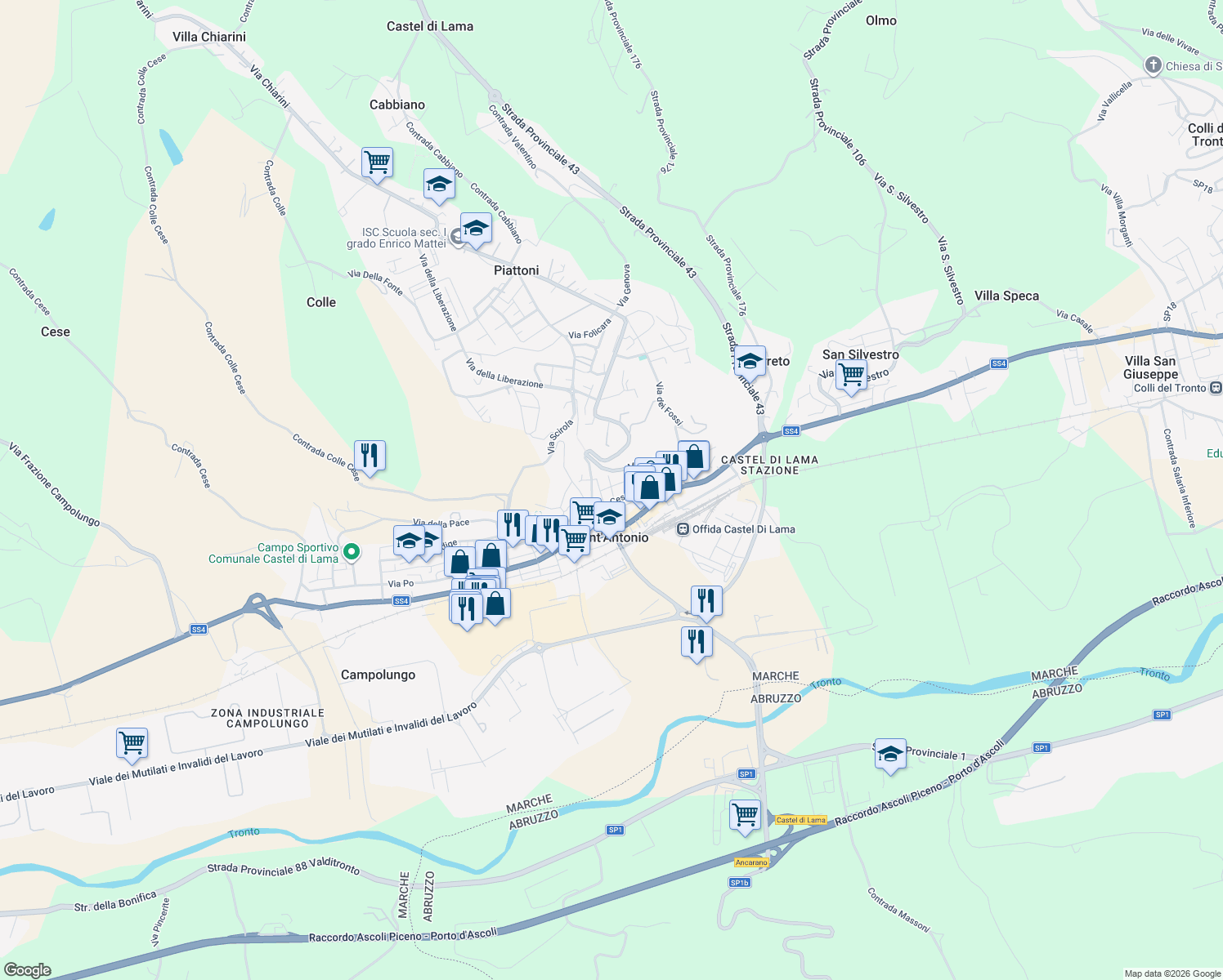 map of restaurants, bars, coffee shops, grocery stores, and more near 15 Via Giuseppe Garibaldi in Piattoni-Villa Sant'Antonio