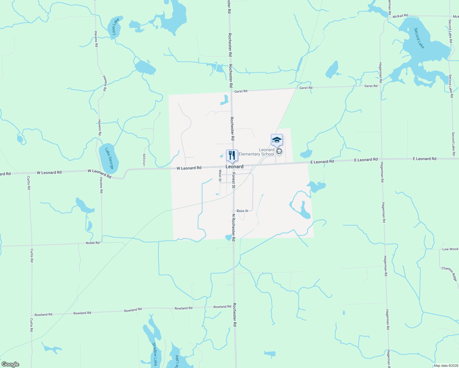 map of restaurants, bars, coffee shops, grocery stores, and more near 30 East Leonard Road in Leonard