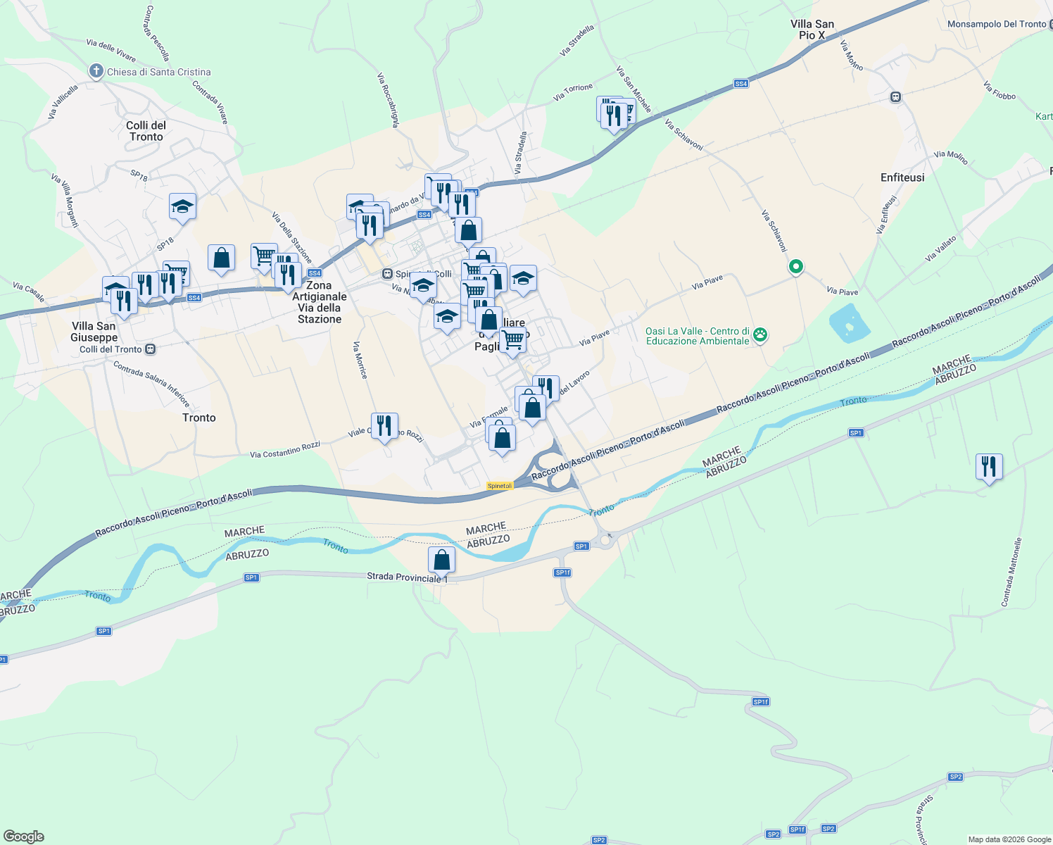 map of restaurants, bars, coffee shops, grocery stores, and more near 164 Via XXV Aprile in Pagliare del Tronto