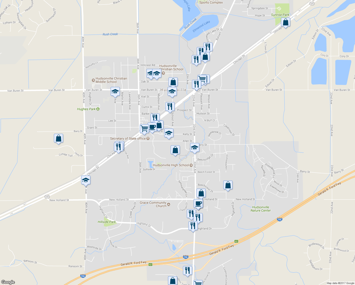 map of restaurants, bars, coffee shops, grocery stores, and more near 3340 Allen Street in Hudsonville