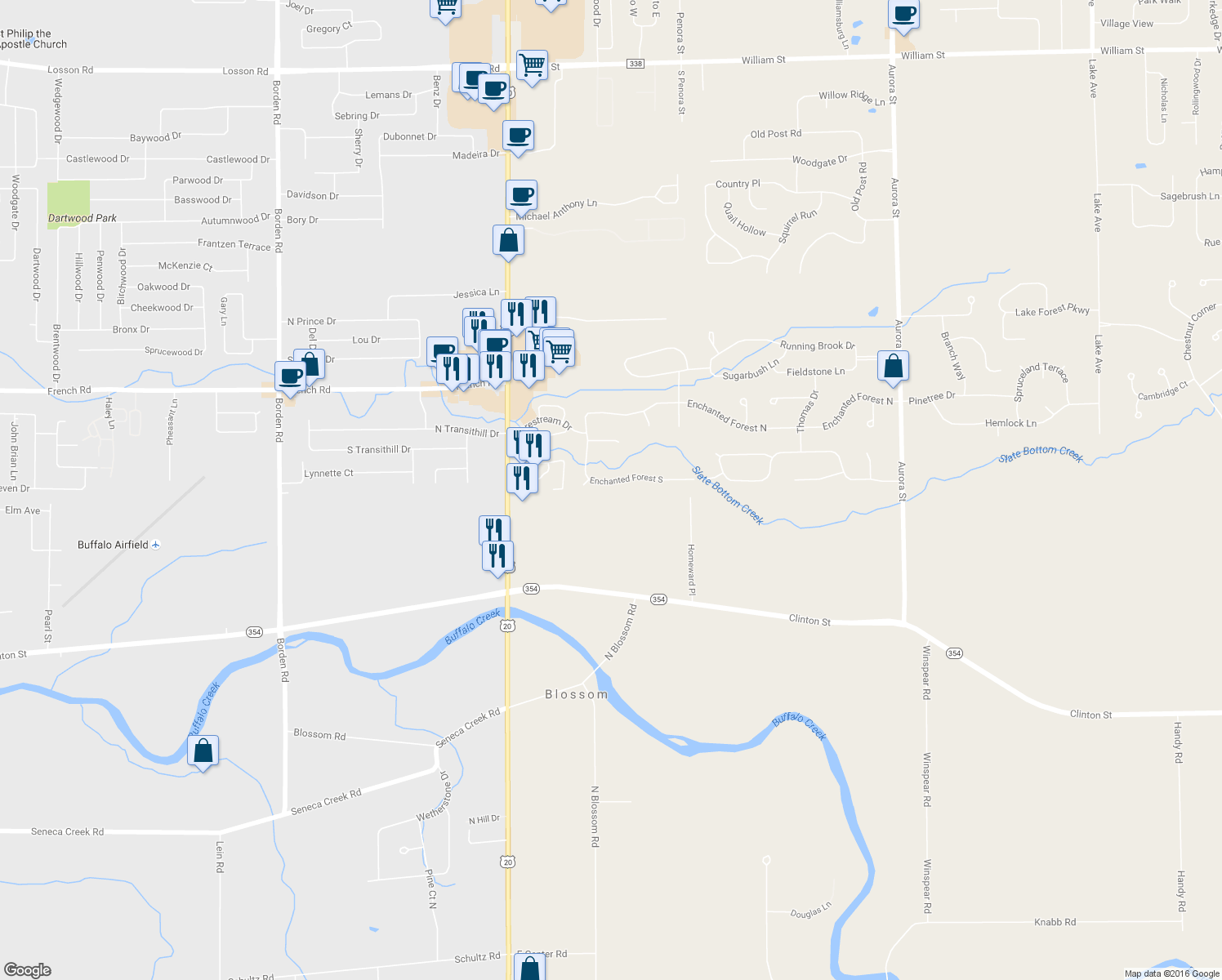 map of restaurants, bars, coffee shops, grocery stores, and more near 186 Enchanted Forest South in Depew