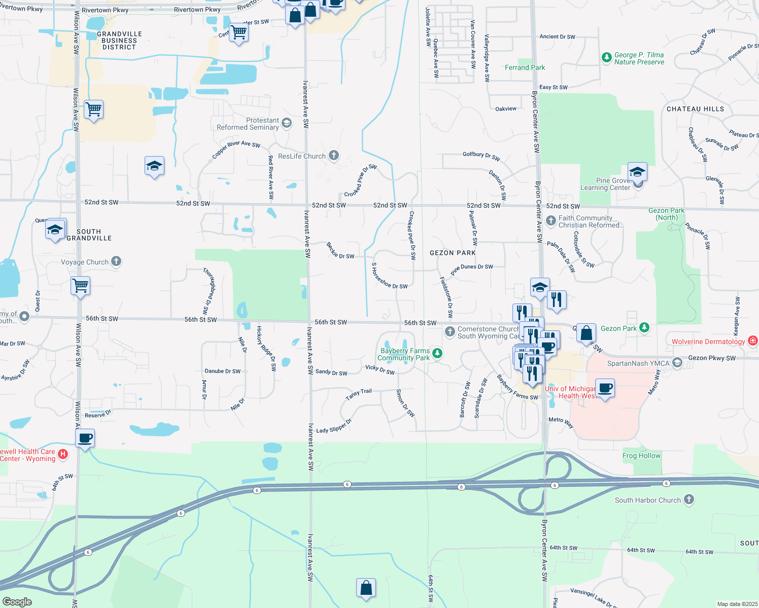 map of restaurants, bars, coffee shops, grocery stores, and more near 2956 Florence Drive Southwest in Wyoming