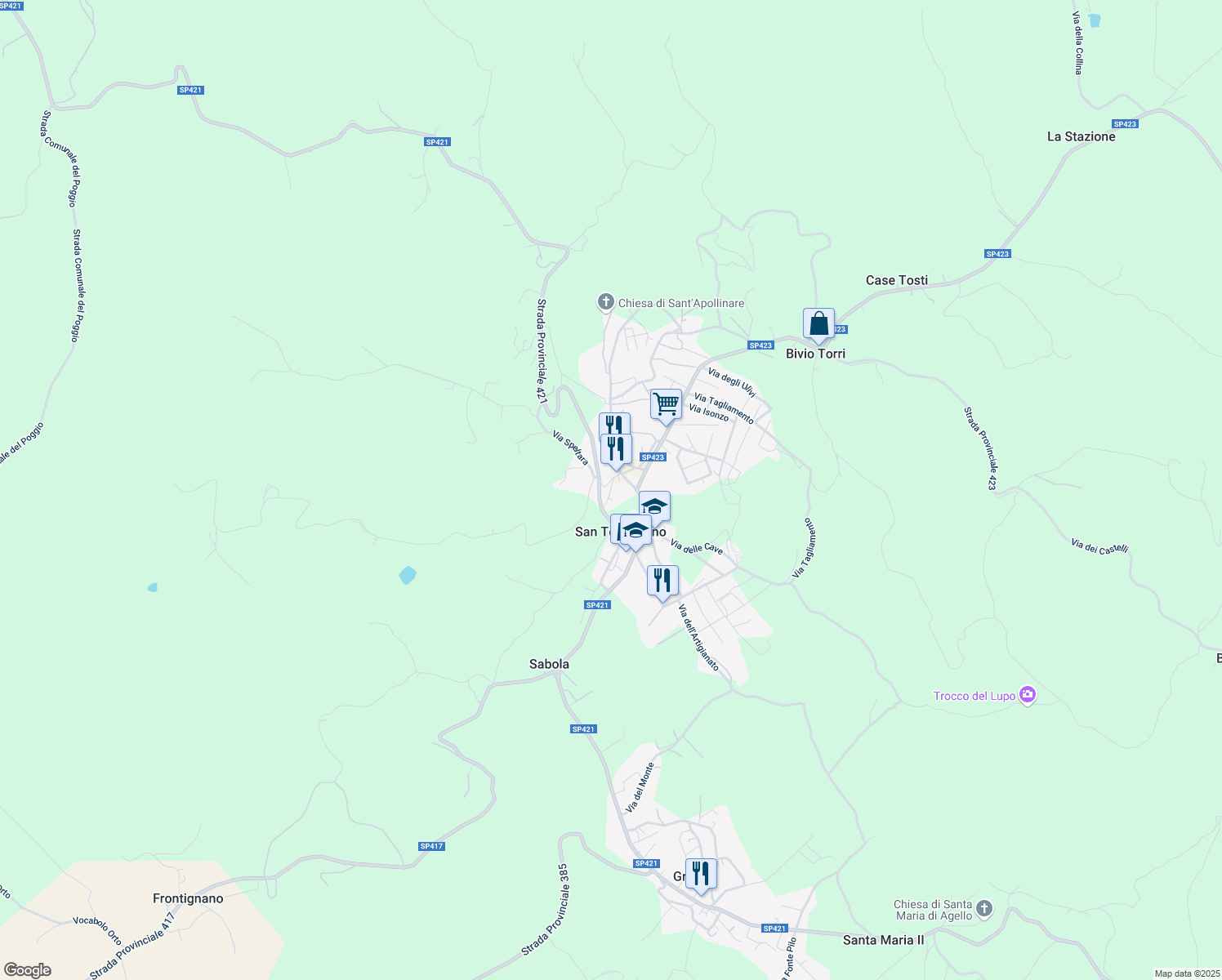 map of restaurants, bars, coffee shops, grocery stores, and more near 3 Via Castel Petroso in San Terenziano