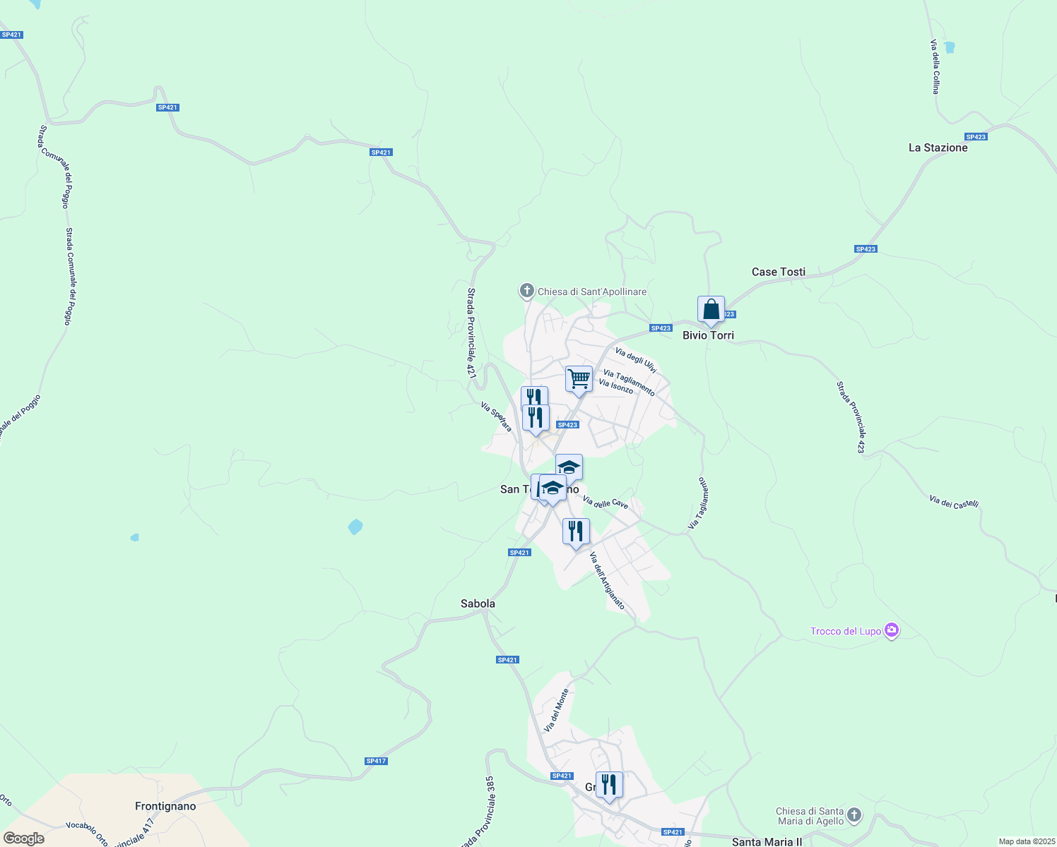 map of restaurants, bars, coffee shops, grocery stores, and more near 15 Piazza Umberto I in San Terenziano