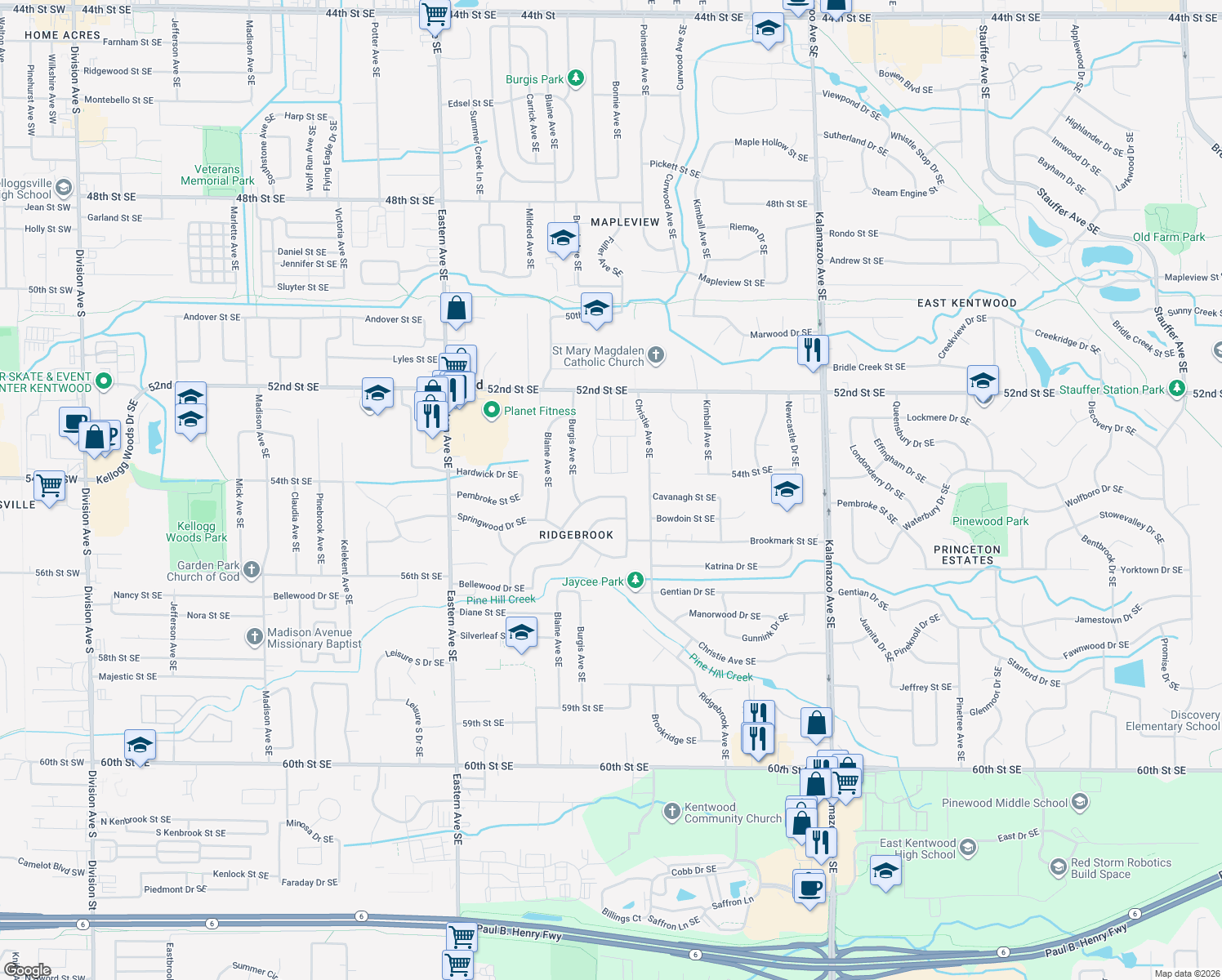 map of restaurants, bars, coffee shops, grocery stores, and more near 5419 Edgelawn Drive Southeast in Kentwood